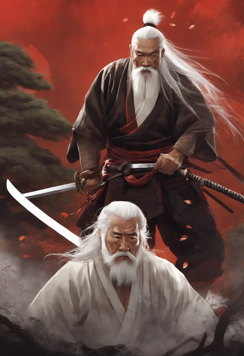 Historical, A old man, Samurai,battered,of a shirtless, Japanese Katana Sword, Long white hair, Long white beard，samurais,Grandpa, Burst，kneel，seppuku