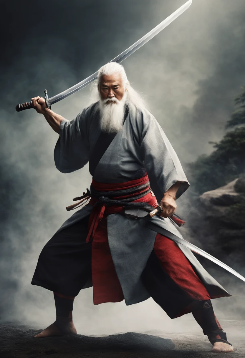 Historical, A old man, Samurai,battered,of a shirtless, Japanese Katana Sword, Long white hair, Long white beard，samurais,Grandpa, Burst，kneel，seppuku