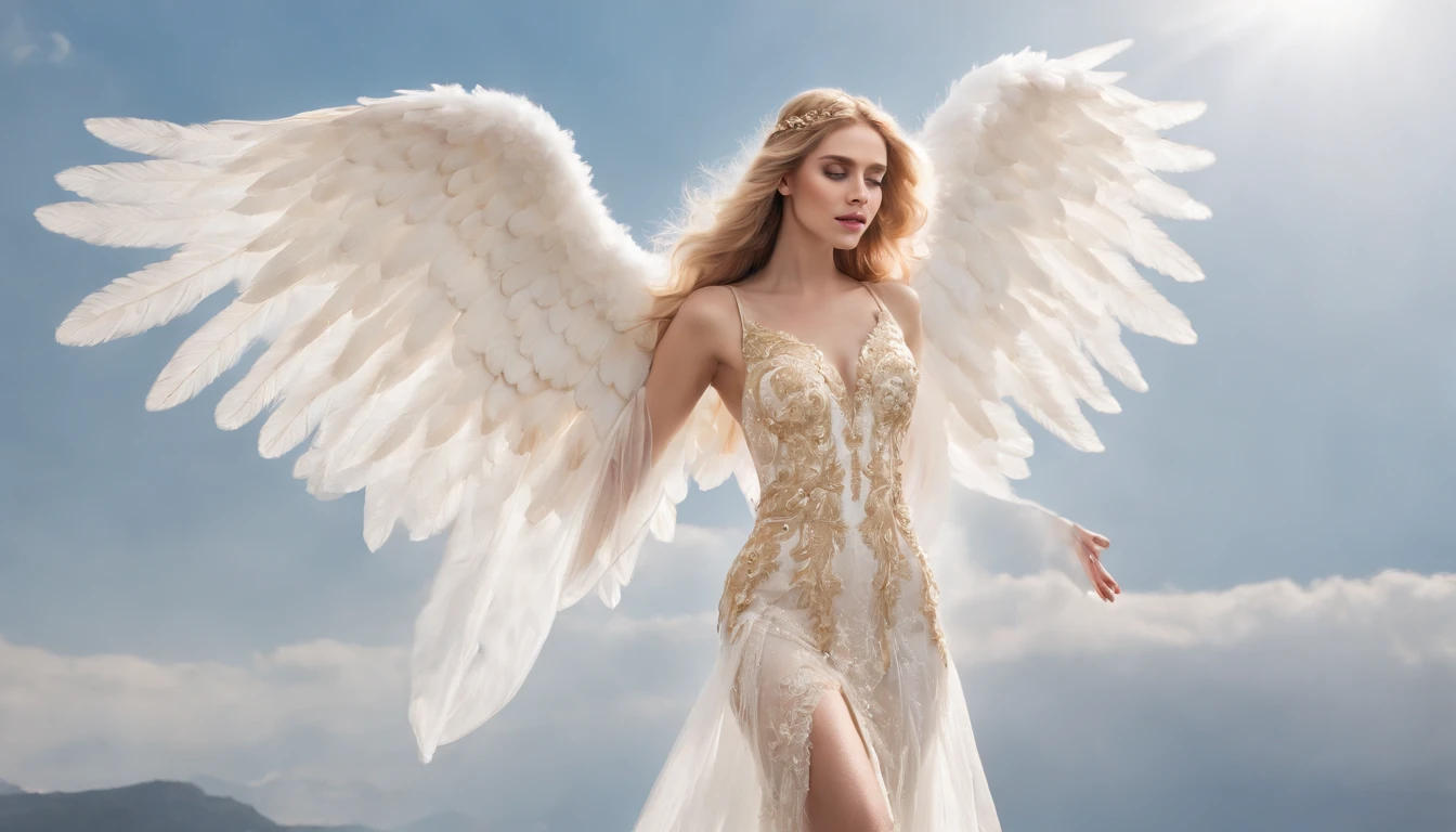 A beautiful female angel, beautiful, with long blonde hair, wearing a white and gold lace dress with red boots, with spread luminous wings, floats against the sky. Wings spread wide, The wings are huge, with gorgeously detailed white feathers. Executed in a highly detailed art style with cinematic lighting and high contrast.A female angel on the background of a blue sky. She has a tall and slender physique, angel with thick and luxurious hair, which can be from snow-white to golden. The angel's facial features are ideal and perfect: delicate, with soft lines, expressing divine wisdom and unrivaled beauty. The eyes, large and clear, shimmer with light and reflect infinite kindness and compassion. The angel is dressed in a long transparent dress of fine fabrics that seem to be permeated with light. The dress, decorated with gold and silver embroidery, easily attracts the eye with its grace and beauty. The angel has large wings adorned with white feathers shimmering in the light with beau