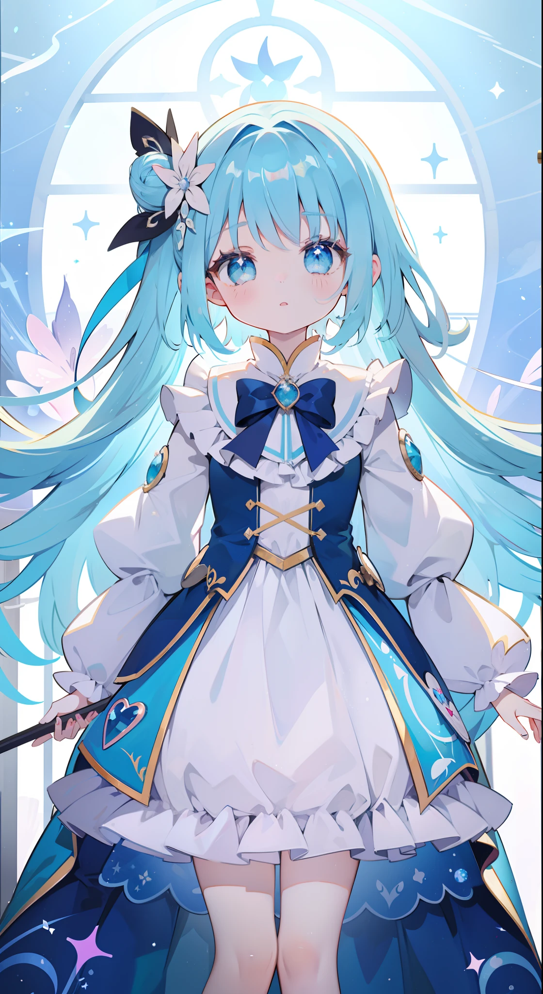 One girl、magical little girl、blue hairs、blue eyess、Magical Girl Costumes、Magic cane、​masterpiece、top-quality、Top image quality、cute little、magia、Using magic