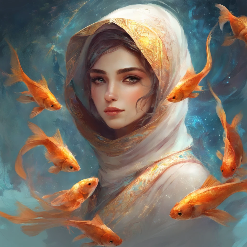 Woman hijab, Perfect centering, Fantastic black goldfish, cheerfulness,, Abstract beauty hijab, Centered, Looking at the camera, Facing the camera, Approaching perfection, Dynamic, Highly detailed, Smooth, Sharp Focus, 8K, hight resolution, Illustration, art by carne griffiths and wadim kashin, Goldfish character, hijab, Hijab