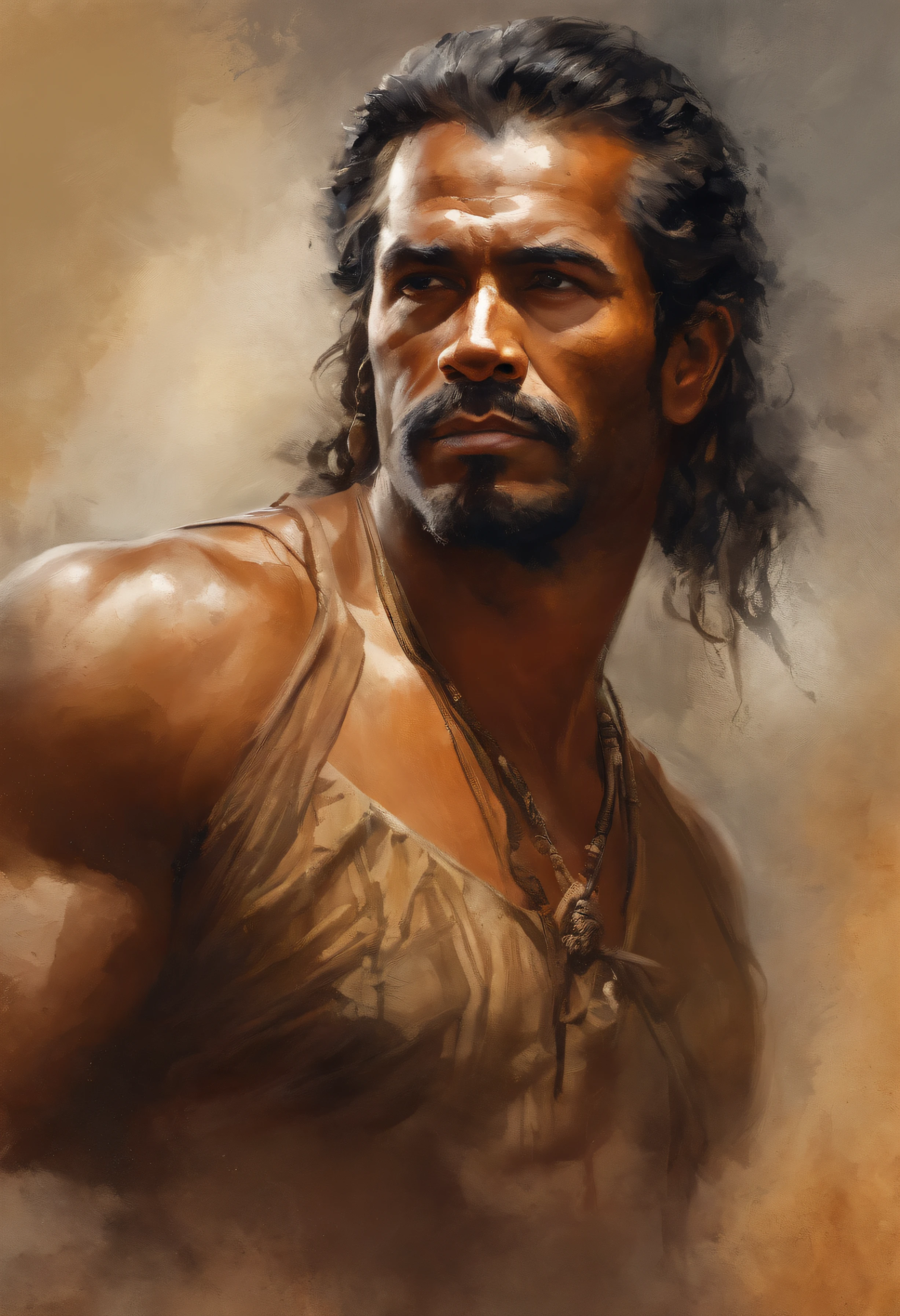 (bichu, oil painting, Impressionism) of (one male), (looking at viewer), (upper body:1.2),
Very detailed manly face, heroic, detailed realistic open dark gray eyes, (muscular:1.5), (big muscles), (massive pecs), (hairy pecs), narrow waist and hips, (long jet black hair), (slight smile), (shirtless) (topless male). highly detailed, high quality, masterpiece
<lora:bichu-v0612:1>
