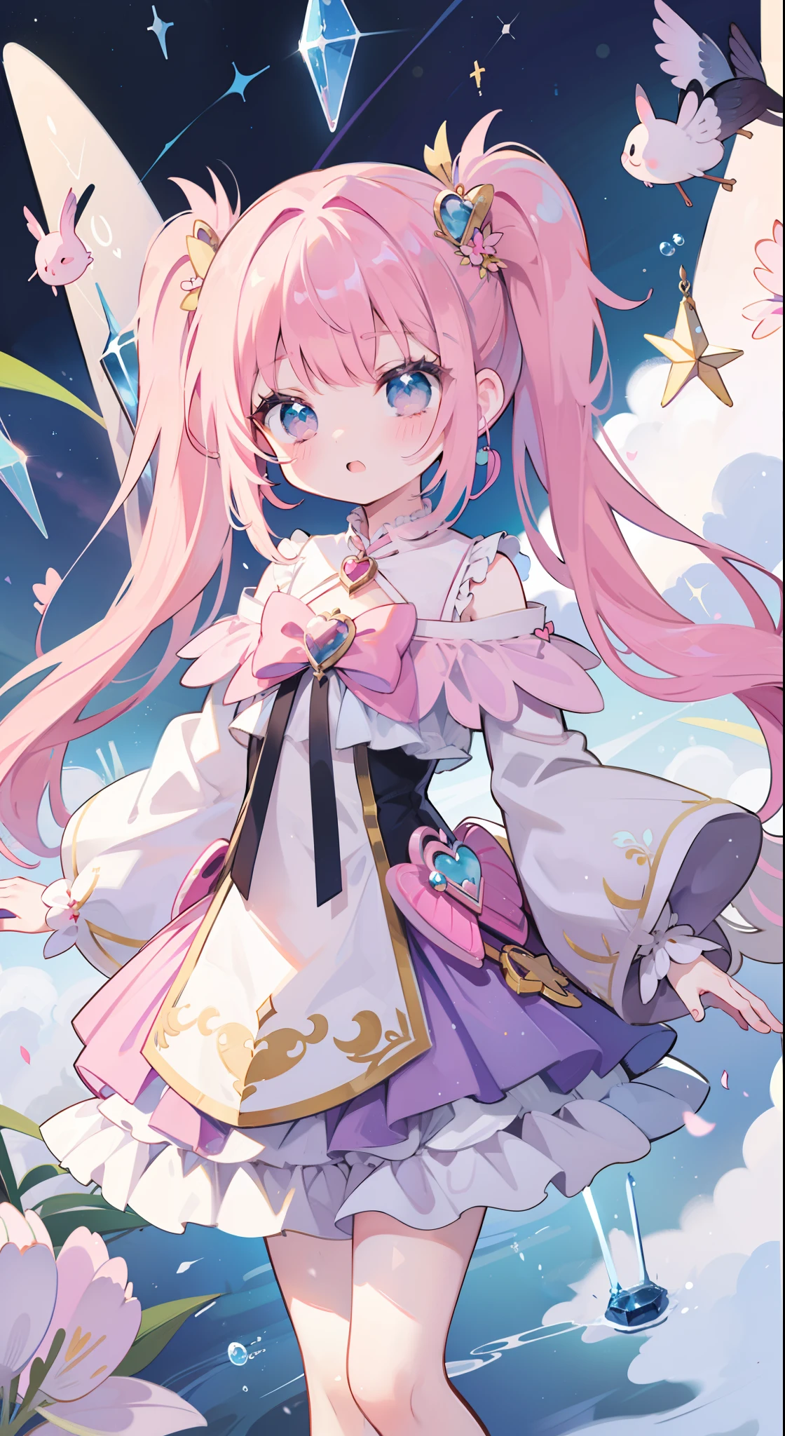 One girl、magical little girl、​masterpiece、top-quality、Top image quality、cute little、A pink-haired、long twin tail hair、Magical Girl Costumes、magia、uses magic