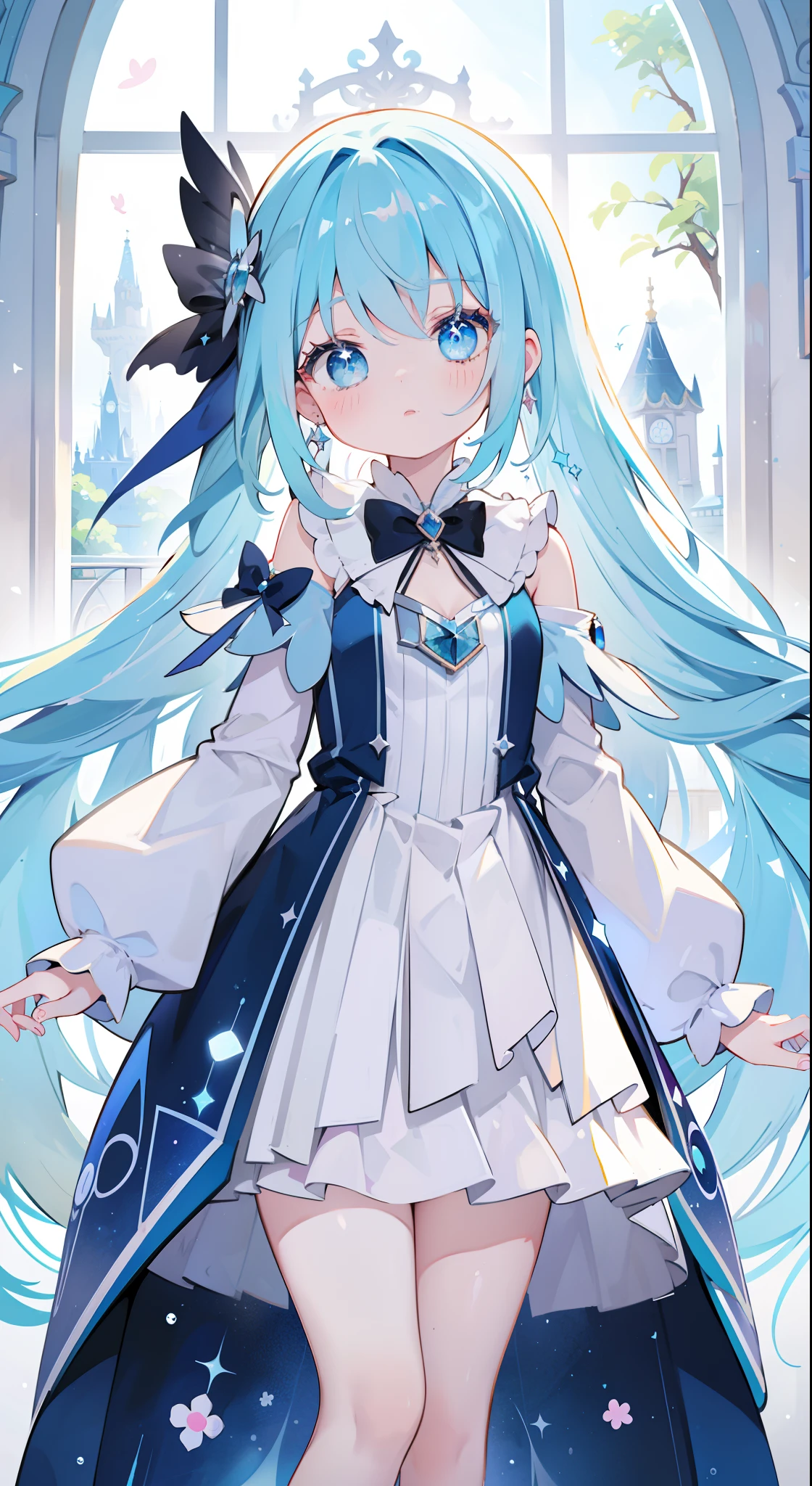 One girl、magical little girl、blue hairs、blue eyess、Magical Girl Costumes、Magic cane、masterpiece、top-quality、Top image quality、cute little、magia、Using magic