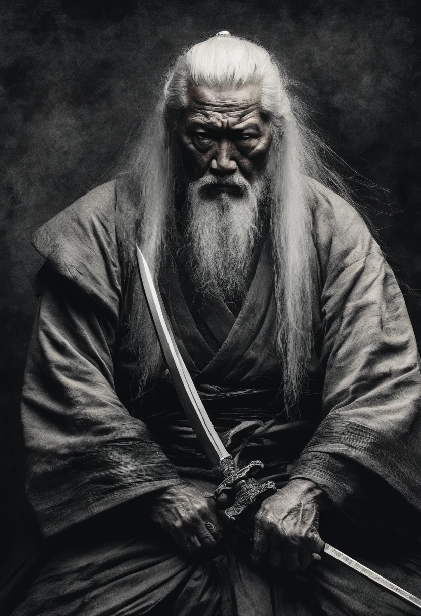 Historical, a old man, Samurai,battered,of a shirtless, Japanese Katana Sword, Long white hair, Long white beard,samurais,Grandpa, Burst,Knelt,Seppuku kills yourself