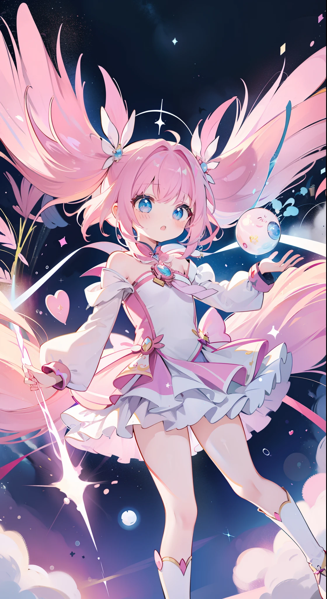One girl、magical 、masterpiece、top-quality、Top image quality、cute little、A pink-haired、long twin tail hair、Magical Girl Costumes、magia、uses magic