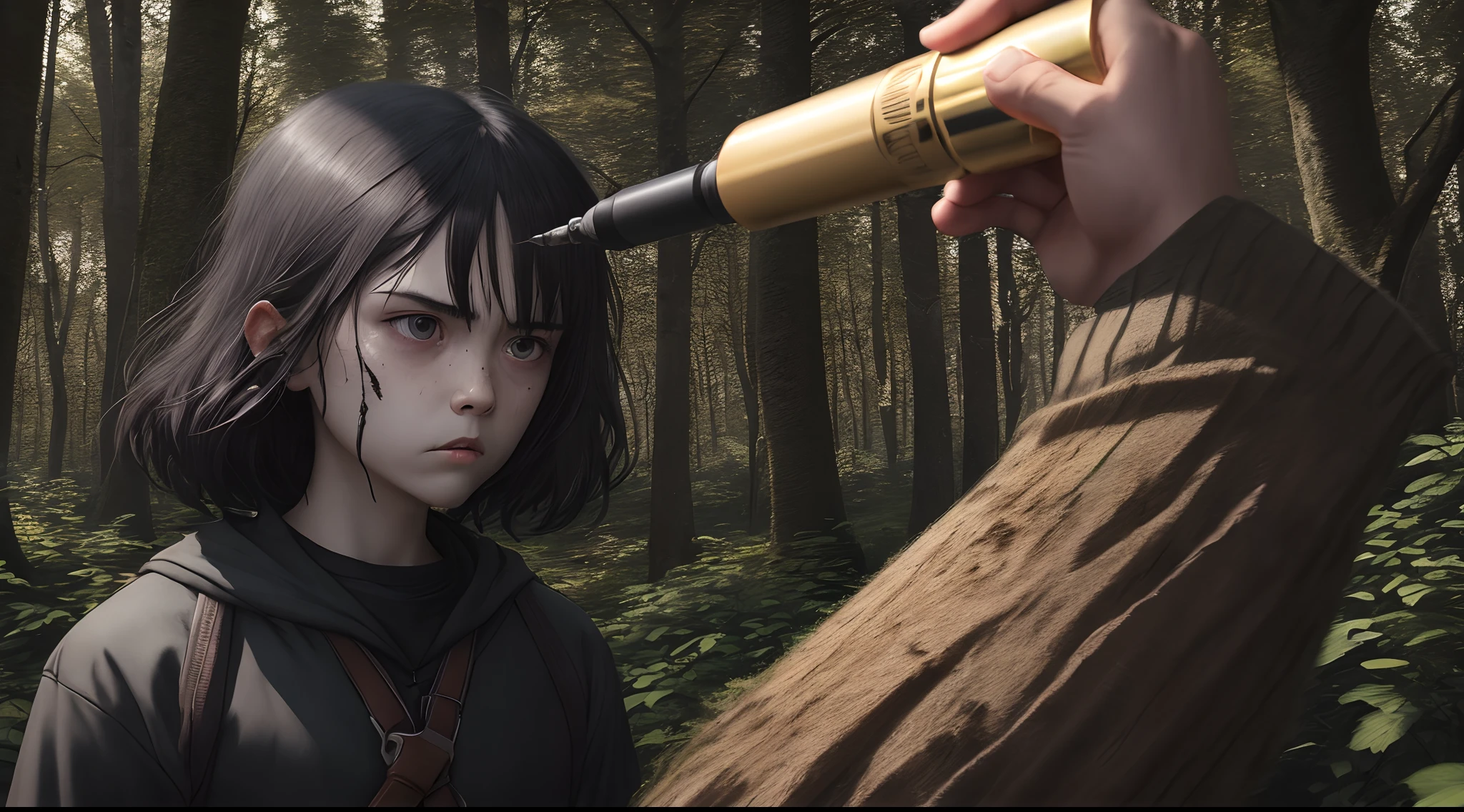 Dark gloomy person hit in the head by mace in the woods
