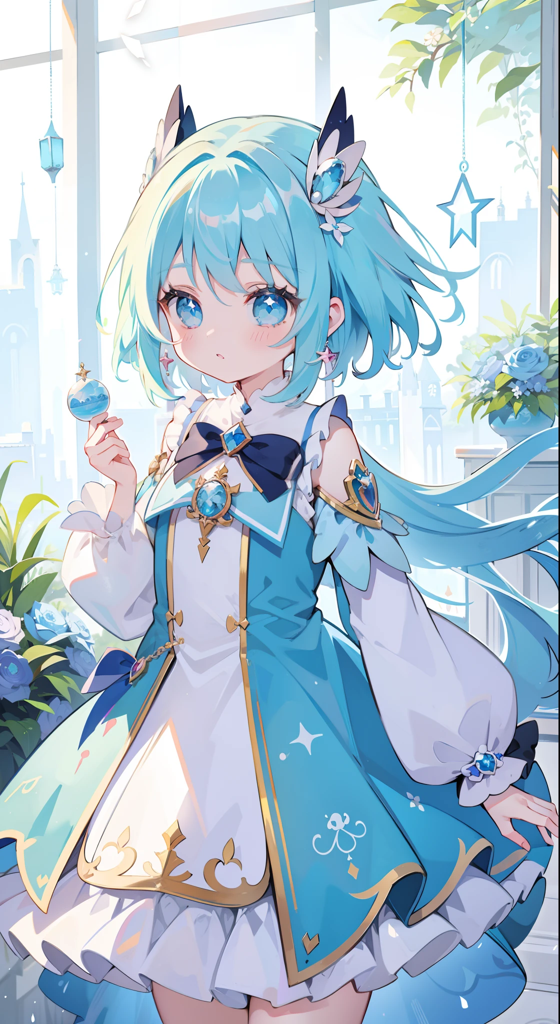 One girl、magical little girl、blue hairs、blue eyess、Magical Girl Costumes、​masterpiece、top-quality、Top image quality、cute little、magia、Using magic