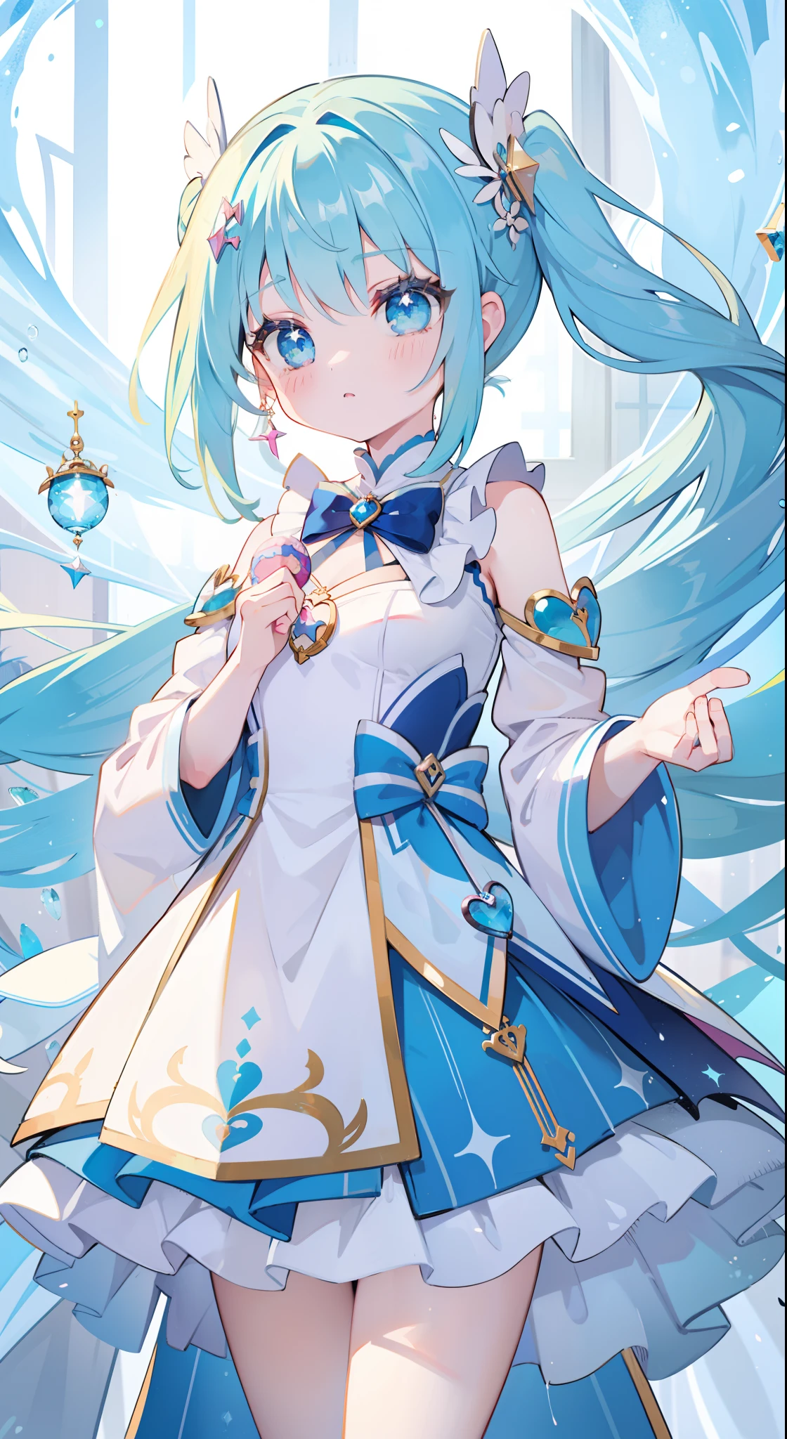 One girl、magical 、blue hairs、blue eyess、Magical Girl Costumes、masterpiece、top-quality、Top image quality、cute little、magia、Using magic