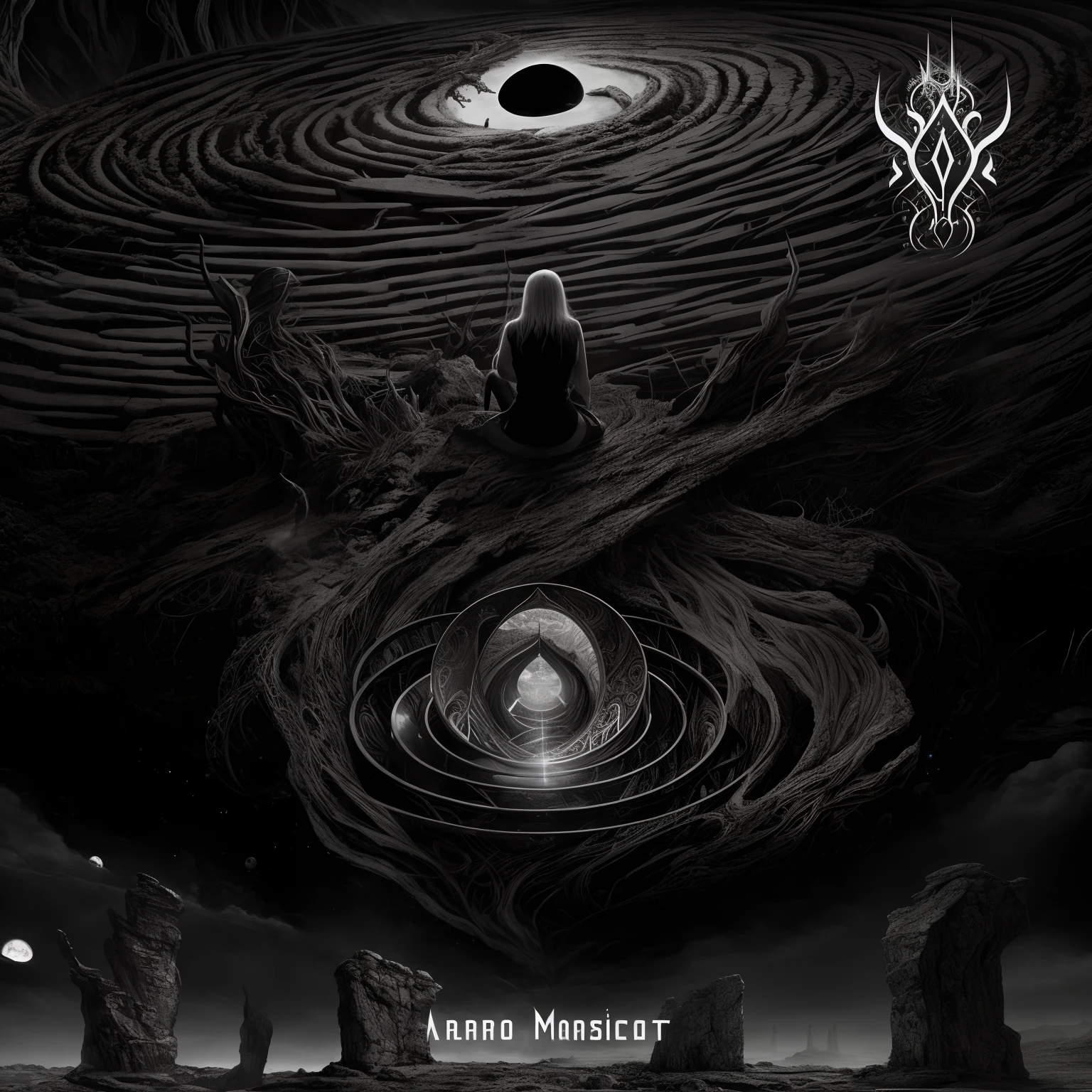 ((masterpiece, Best Quality))、(high quality, 8K Wallpaper, High resolution)、Cinematic lighting, a black and white drawing of a woman sitting on a rock surrounded by a spiral, black metal album cover, occult abiogenesis, azathoth, just art for dark metal music, psytrance artwork, detailed cover artwork, nyarlathotep, astral plane, wartorn landscape, psytrance and giger, astri lohne, album cover