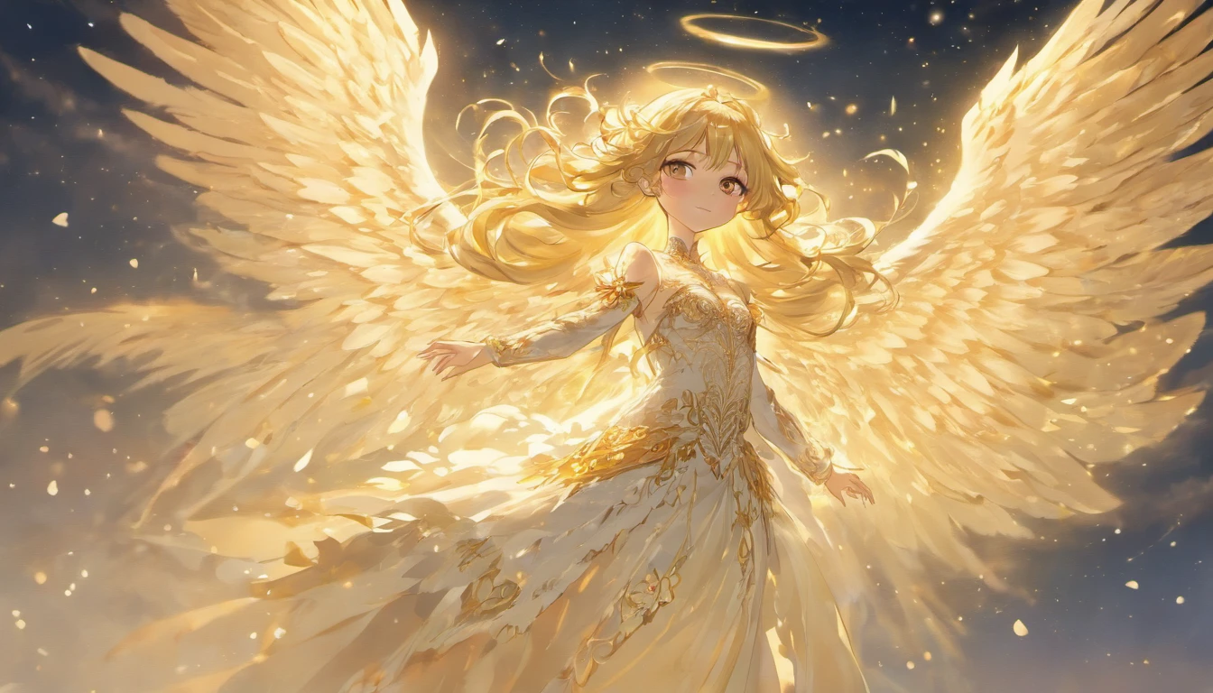 A beautiful female angel, beautiful, with long blonde hair, wearing a white and gold lace dress with red boots, with spread luminous wings, floats against the sky. Wings spread wide, The wings are huge, with gorgeously detailed white feathers. Executed in a highly detailed art style with cinematic lighting and high contrast.A female angel on the background of a blue sky. She has a tall and slender physique, angel with thick and luxurious hair, which can be from snow-white to golden. The angel's facial features are ideal and perfect: delicate, with soft lines, expressing divine wisdom and unrivaled beauty. The eyes, large and clear, shimmer with light and reflect infinite kindness and compassion. The angel is dressed in a long transparent dress of fine fabrics that seem to be permeated with light. The dress, decorated with gold and silver embroidery, easily attracts the eye with its grace and beauty. The angel has large wings adorned with white feathers shimmering in the light with beau