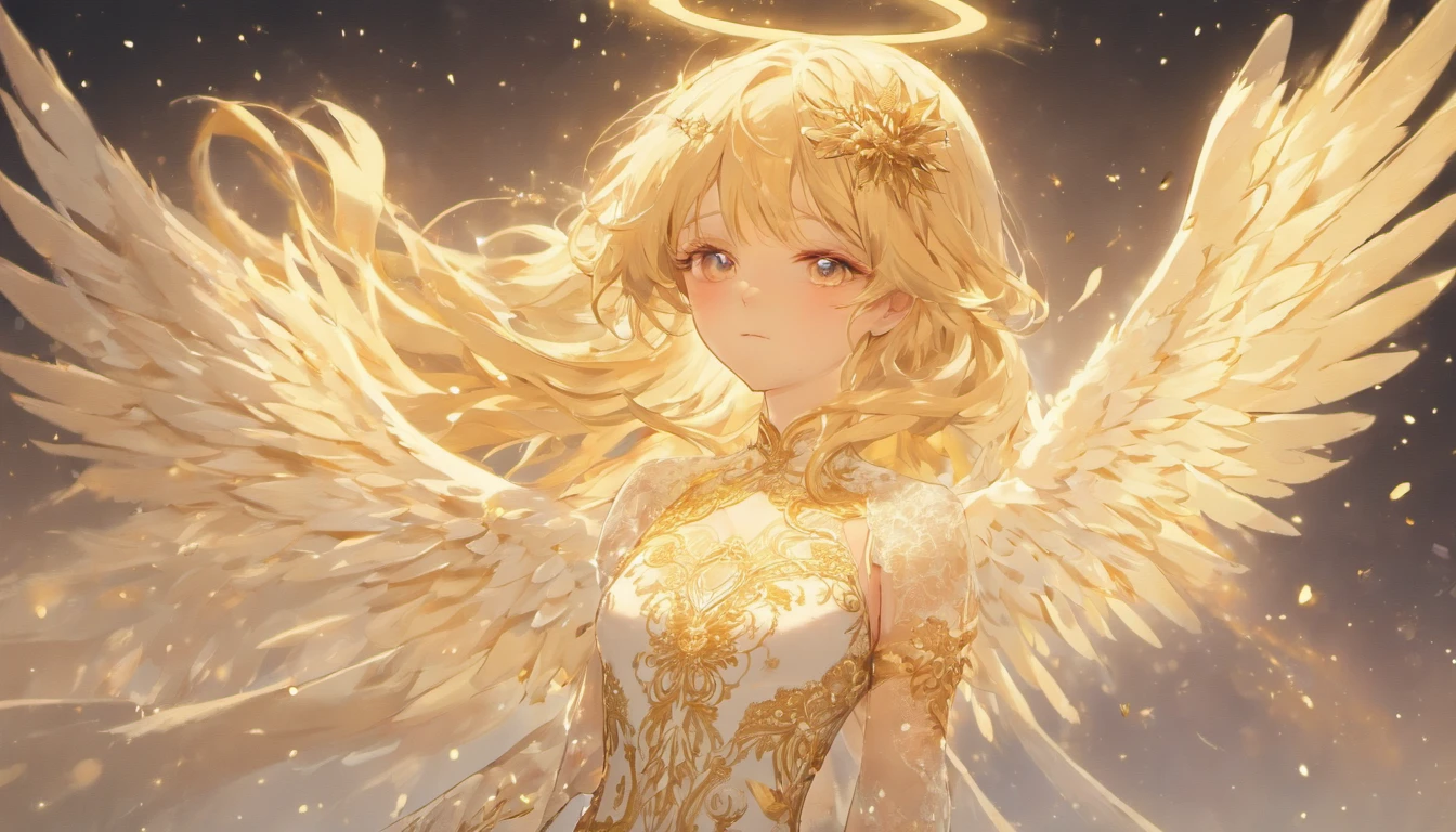 A beautiful female angel, beautiful, with long blonde hair, wearing a white and gold lace dress with red boots, with spread luminous wings, floats against the sky. Wings spread wide, The wings are huge, with gorgeously detailed white feathers. Executed in a highly detailed art style with cinematic lighting and high contrast.A female angel on the background of a blue sky. She has a tall and slender physique, angel with thick and luxurious hair, which can be from snow-white to golden. The angel's facial features are ideal and perfect: delicate, with soft lines, expressing divine wisdom and unrivaled beauty. The eyes, large and clear, shimmer with light and reflect infinite kindness and compassion. The angel is dressed in a long transparent dress of fine fabrics that seem to be permeated with light. The dress, decorated with gold and silver embroidery, easily attracts the eye with its grace and beauty. The angel has large wings adorned with white feathers shimmering in the light with beau