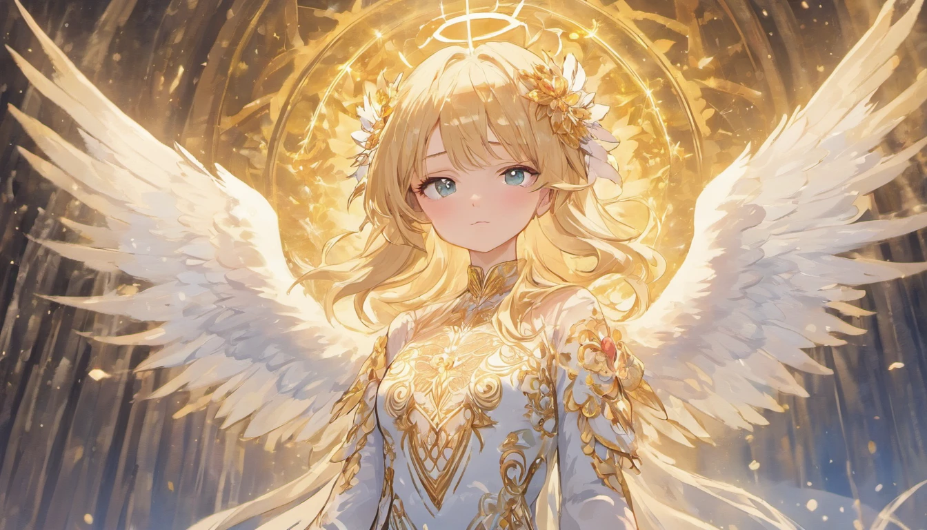 A beautiful female angel, beautiful, with long blonde hair, wearing a white and gold lace dress with red boots, with spread luminous wings, floats against the sky. Wings spread wide, The wings are huge, with gorgeously detailed white feathers. Executed in a highly detailed art style with cinematic lighting and high contrast.A female angel on the background of a blue sky. She has a tall and slender physique, angel with thick and luxurious hair, which can be from snow-white to golden. The angel's facial features are ideal and perfect: delicate, with soft lines, expressing divine wisdom and unrivaled beauty. The eyes, large and clear, shimmer with light and reflect infinite kindness and compassion. The angel is dressed in a long transparent dress of fine fabrics that seem to be permeated with light. The dress, decorated with gold and silver embroidery, easily attracts the eye with its grace and beauty. The angel has large wings adorned with white feathers shimmering in the light with beau