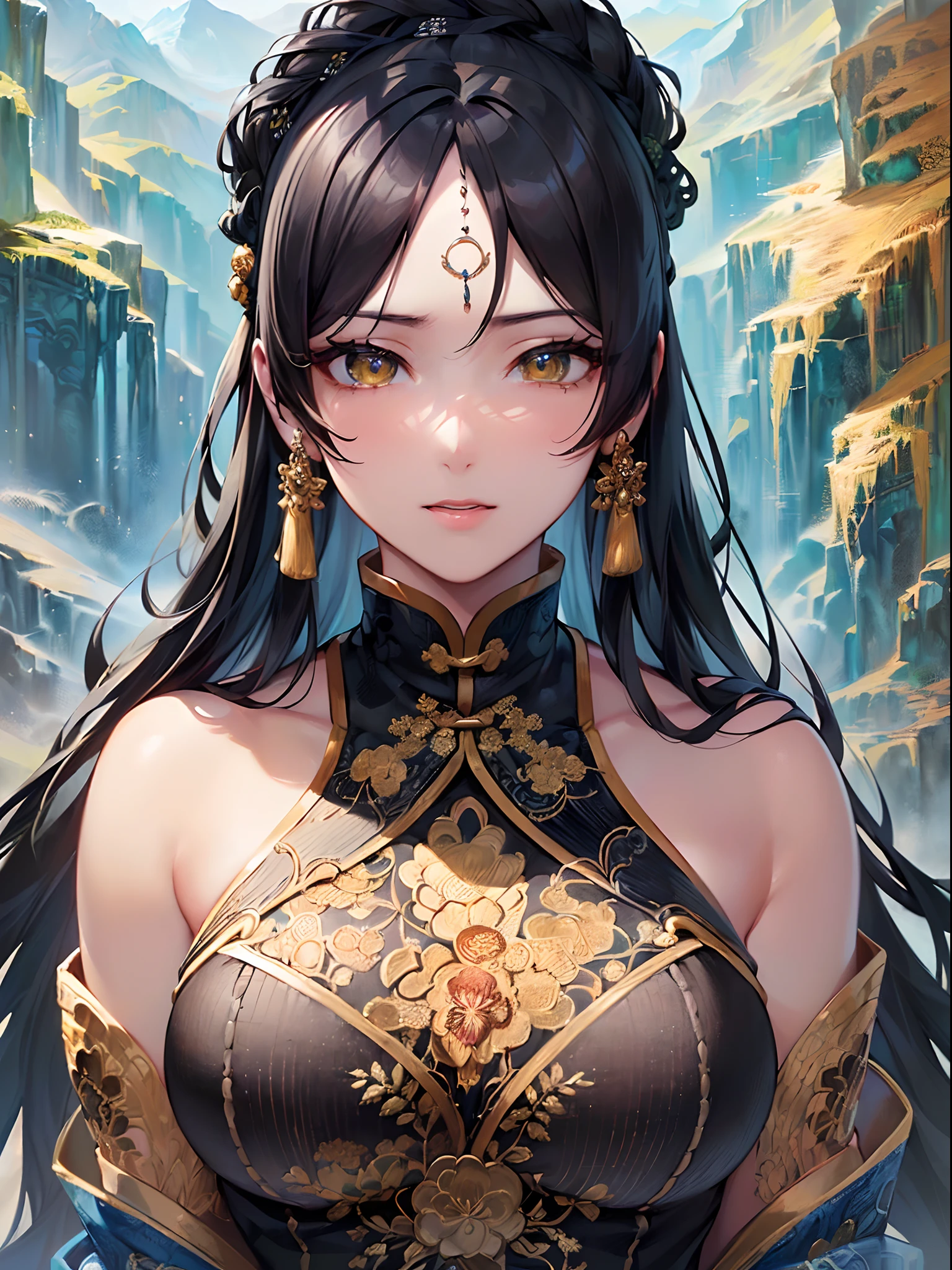 ((Finest quality)),(超A high resolution),(ultra-detailliert),(Meticulous portrayal),((Best CG)),(Finest works of art),Ultra-Precision Art,The art of astounding depiction,Sophisticated ink painting,mountain water, (Woman in the finest hu clothes with beautiful embroidery in intricate and detailed detail:1.5),(Black hair that grows to the waist:1.3),(Beautiful amber eyes:1.3)