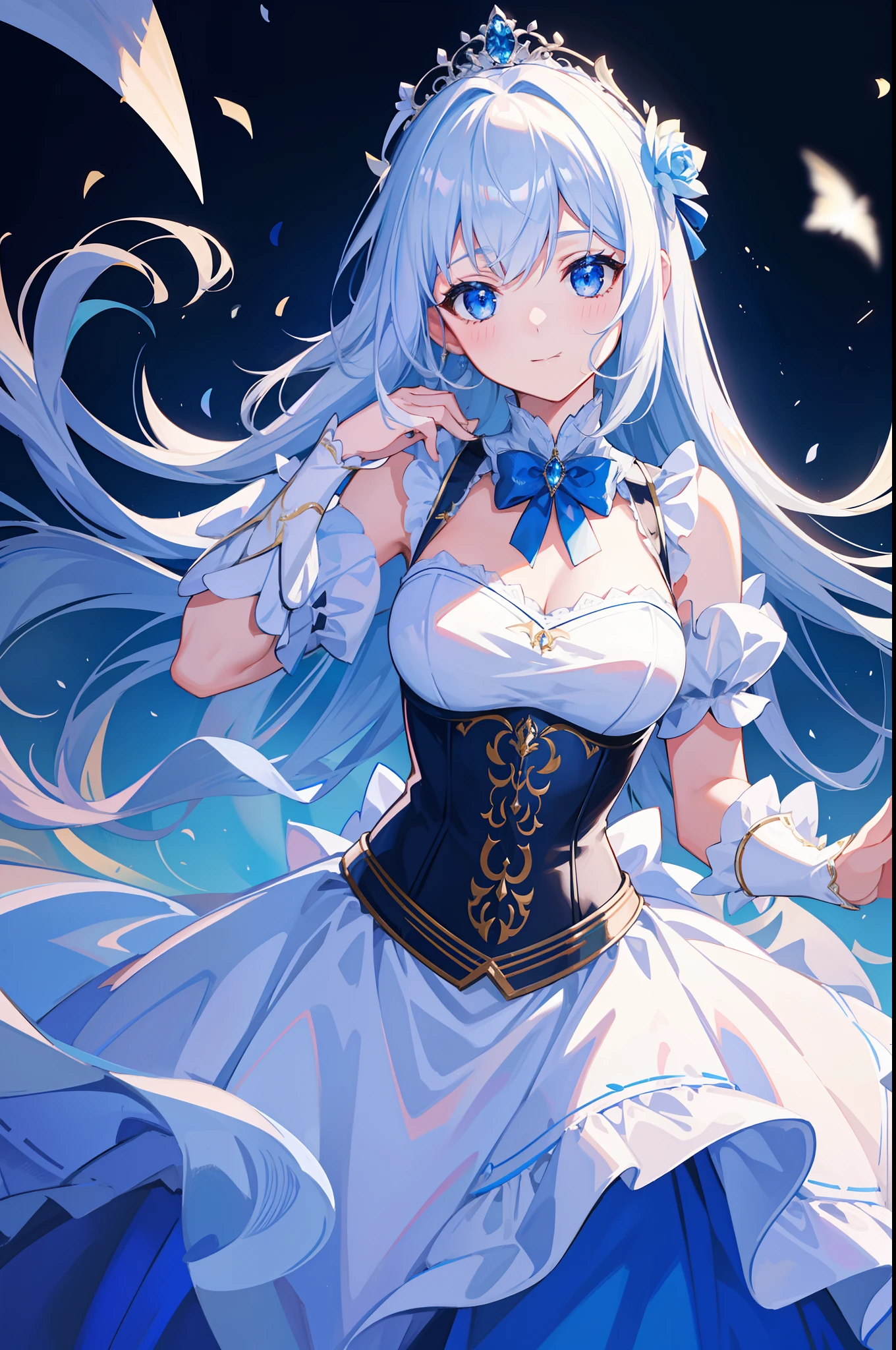 masterpiece, 8k, sharp focus, high resolution, princess, beautiful girl, fantasy white dress with blue corset