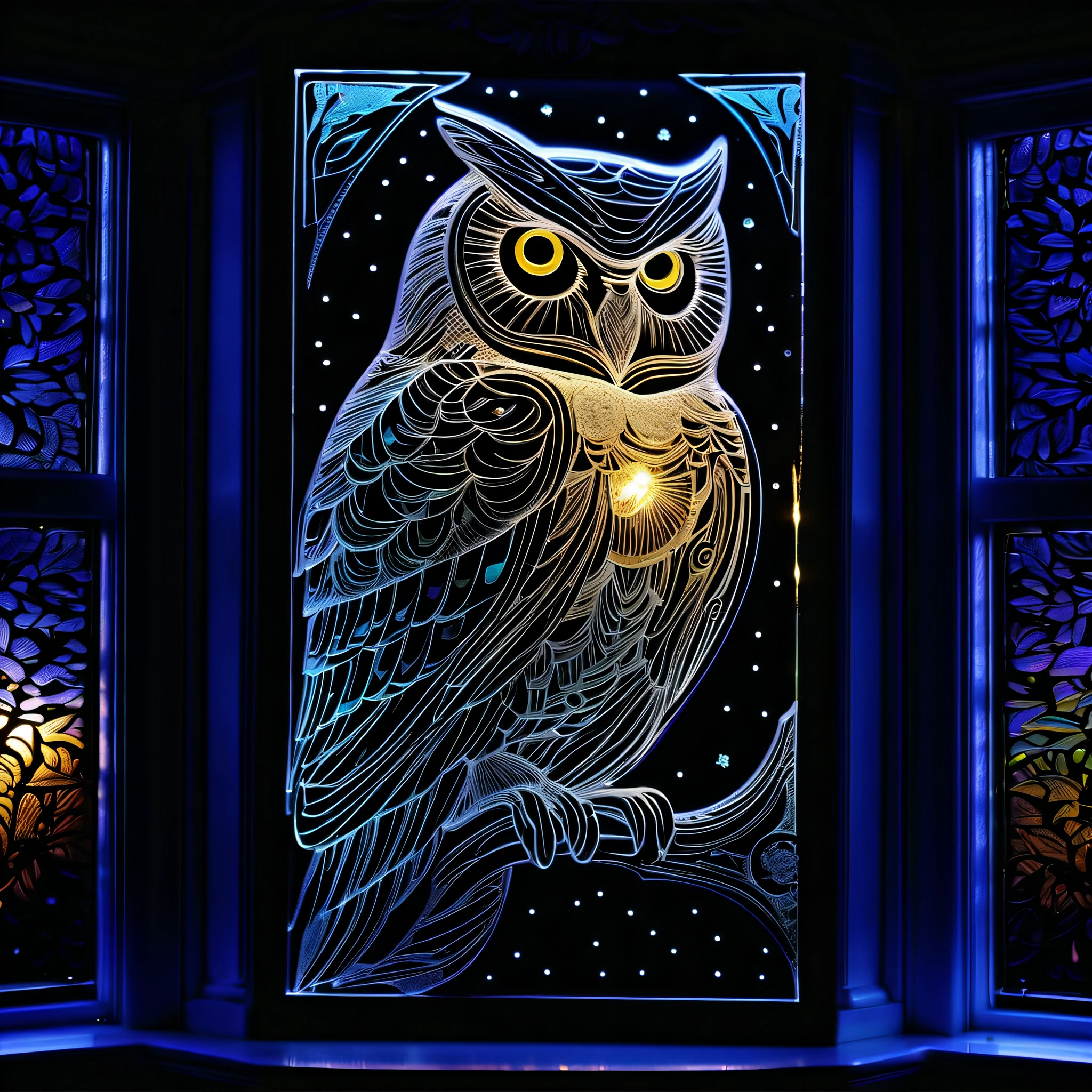 stunning masterpiece of etched glass owl art, fused glass night glow, (((radiosity rendered in stunning 32k resolution, :1.3))), beautiful moonlight outside the window, luminescent holographic, strikingly opulent, intricate insane details, extremely insane detail, extremely elaborate details, highest quality, highly quality,