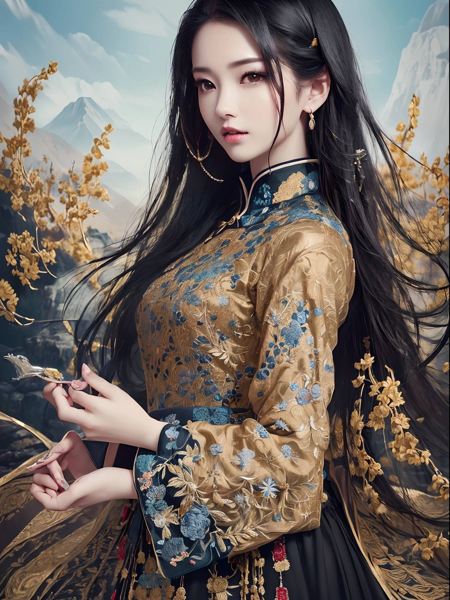 ((Finest quality)),(超A high resolution),(ultra-detailliert),(Meticulous portrayal),((Best CG)),(Finest works of art),Ultra-Precision Art,The art of astounding depiction,Sophisticated ink painting,mountain water, (Woman in the finest hu clothes with beautiful embroidery in intricate and detailed detail:1.5),(Black hair that grows to the waist:1.3),(Beautiful amber eyes:1.3)