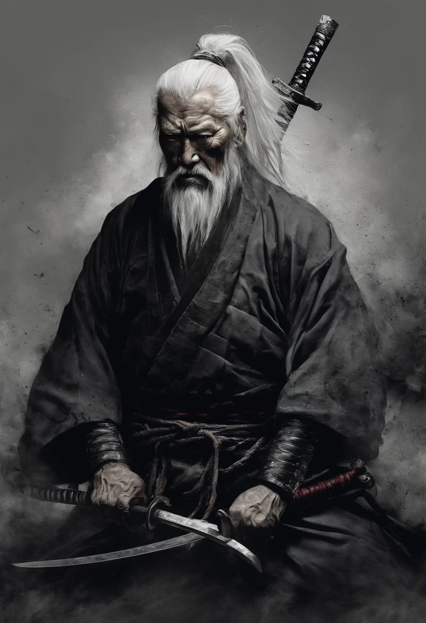 Historical, A shirtless old man, Samurai,battered,of a shirtless, Japanese Katana Sword, Long white hair, Long white beard,samurais,Grandpa, Burst,Knelt,Seppuku suicide