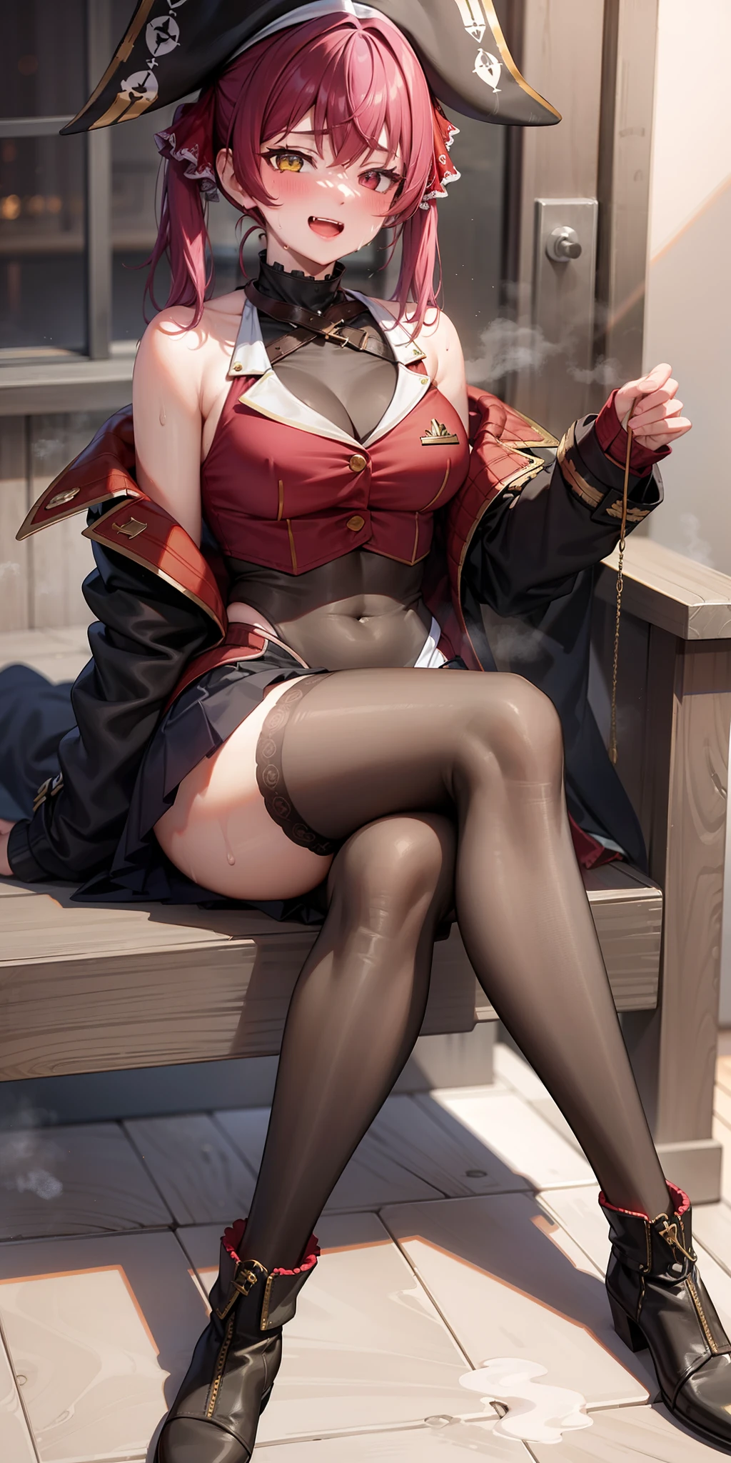 Houshou Marine,marine,heterochromia,shoulder,pirate,off-the-shoulder-coat,miniskirt, half-closed-eyes,evil smile,blush,open mouth, sweating,pigtails,black highleg,steam,red clothes,sitting,sitting,2legs,legs focus,cross one's legs,black stockings,ankle boots,sea