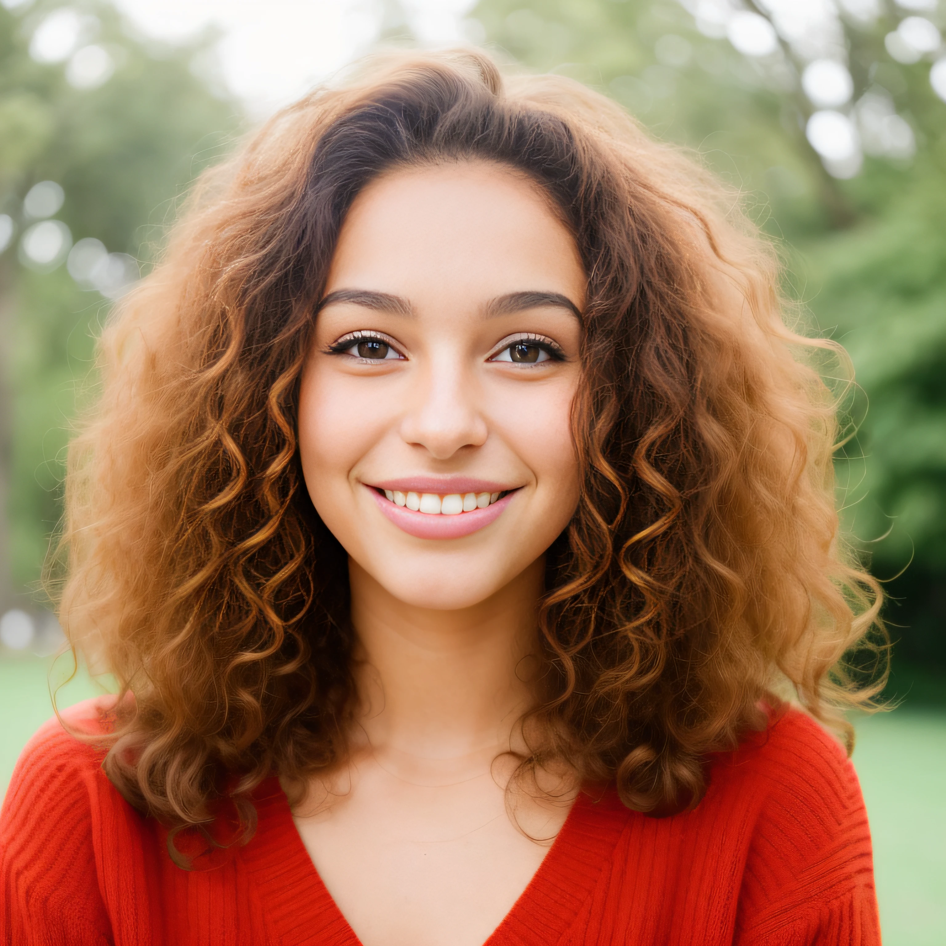 Woman with curly hair and a sweater smiling at the camera, medium portrait soft light, foto da mulher jovem, Retrato Sophie Mudd, Uma bela jovem mulher, mulher jovem bonito, retrato de alta qualidade, foto retrato suave 8 k, bonito e sorridente, retrato colorido, mulher jovem bonita, curly middle part haircut, Photographic portrait of 50mm lens with size 1950 wide by 800 high in image expansion