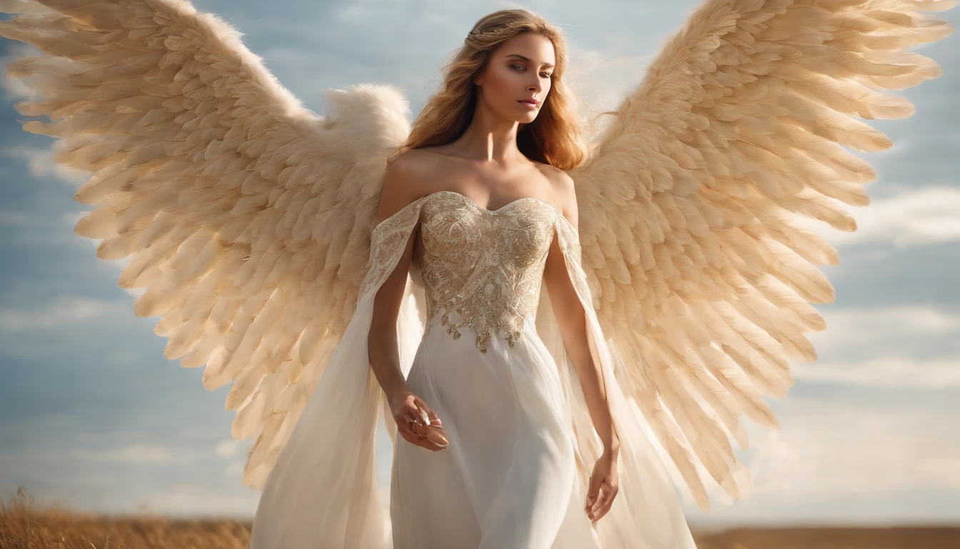 A beautiful female angel, beautiful, with long blonde hair, wearing a white and gold lace dress with red boots, with spread luminous wings, floats against the sky. Wings spread wide, The wings are huge, with gorgeously detailed white feathers. Executed in a highly detailed art style with cinematic lighting and high contrast.A female angel on the background of a blue sky. She has a tall and slender physique, angel with thick and luxurious hair, which can be from snow-white to golden. The angel's facial features are ideal and perfect: delicate, with soft lines, expressing divine wisdom and unrivaled beauty. The eyes, large and clear, shimmer with light and reflect infinite kindness and compassion. The angel is dressed in a long transparent dress of fine fabrics that seem to be permeated with light. The dress, decorated with gold and silver embroidery, easily attracts the eye with its grace and beauty. The angel has large wings adorned with white feathers shimmering in the light with beau