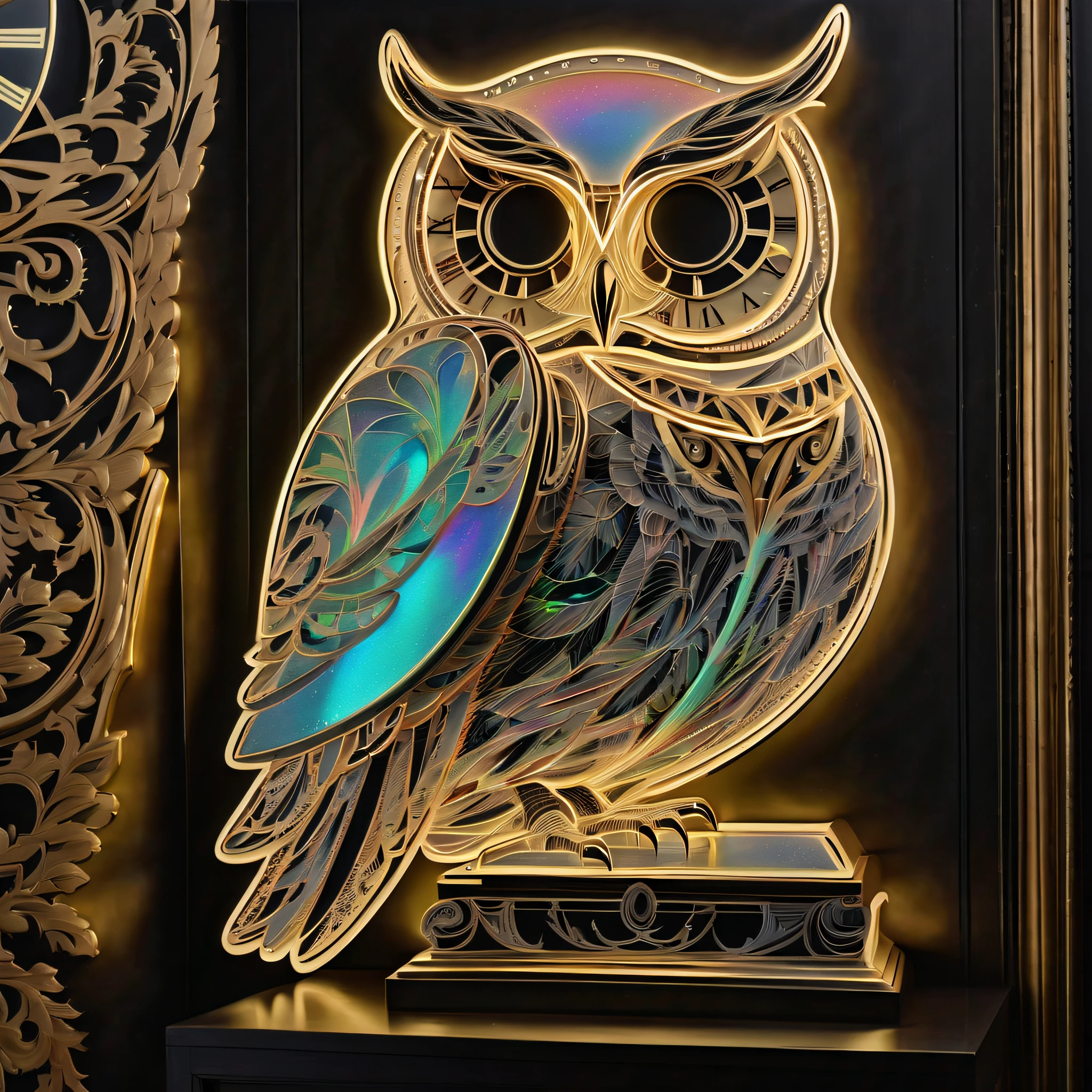 (((stunning line art of luminescent holographic clock owl:1.3))), luxurious, mesmerizing back-glow that evokes the feeling of a starry night, (intricate details:1.3), intricate insane details, superior quality, top-quality, highest quality, true masterpiece, illuminated, essence of a starry night, (ultimate picture quality:1.2), (((stunning rich colored oil painting:1.3))), (((ultimate quality:1.3))), (((intricate insane detail:1.3))), (((extremely intricate details:1.3))), high resolution, highest quality, highly quality, (((meticulously detailed grunge style:1.3))),