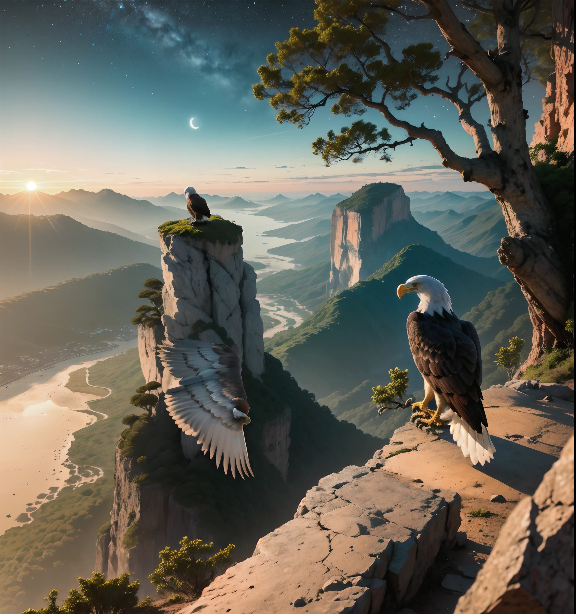 Fim de tarde, On the right side an eagle on the edge of the cliff, sobrevoando o morro da Vista Chinesa, Stars in the sky and lots of trees coming down the cliff