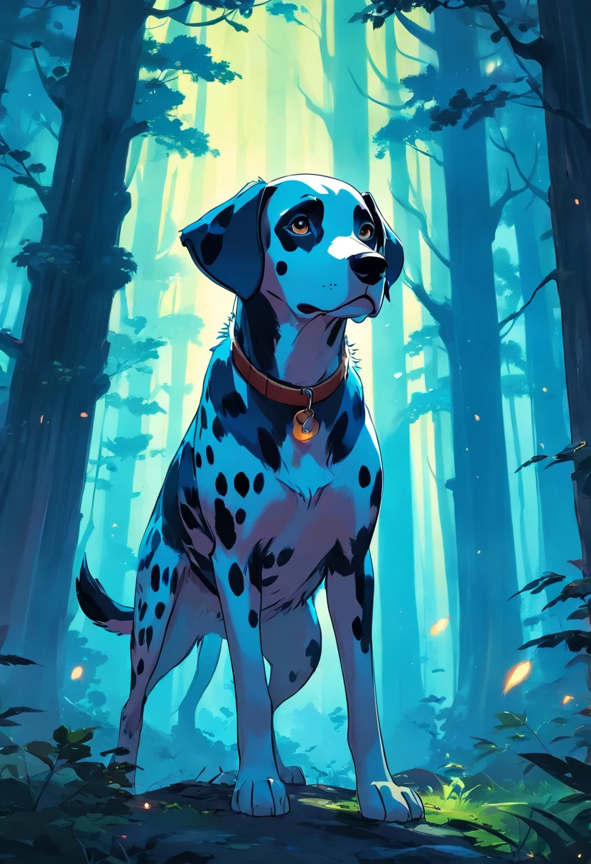 Close up of a anthropomorphic Dalmatian standing in a dark forest, concept art of a dark forest, Dark fantasy forest, dark fantasy artwork, an ominous fantasy illustration, dark fantasy style art, dark fantasy concept art, Dark fantasy background, dnd in a dark forest, Epic fantasy digital art style, dark fantasy environment, The Forbidden Forest, Dark fantasy landscape, 8K fantasy art