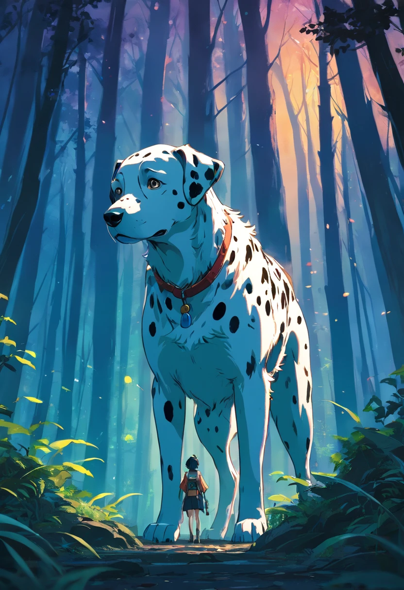 Close up of a anthropomorphic Dalmatian standing in a dark forest, concept art of a dark forest, Dark fantasy forest, dark fantasy artwork, an ominous fantasy illustration, dark fantasy style art, dark fantasy concept art, Dark fantasy background, dnd in a dark forest, Epic fantasy digital art style, dark fantasy environment, The Forbidden Forest, Dark fantasy landscape, 8K fantasy art
