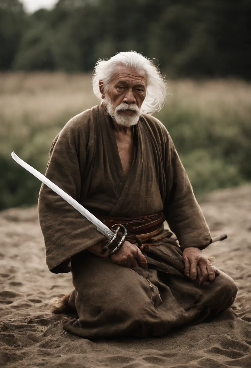 Historical, A shirtless old man, Samurai,battered,of a shirtless, Japanese Katana Sword, Long white hair, Long white beard，samurais,Grandpa, Burst，Knelt，Seppuku suicide