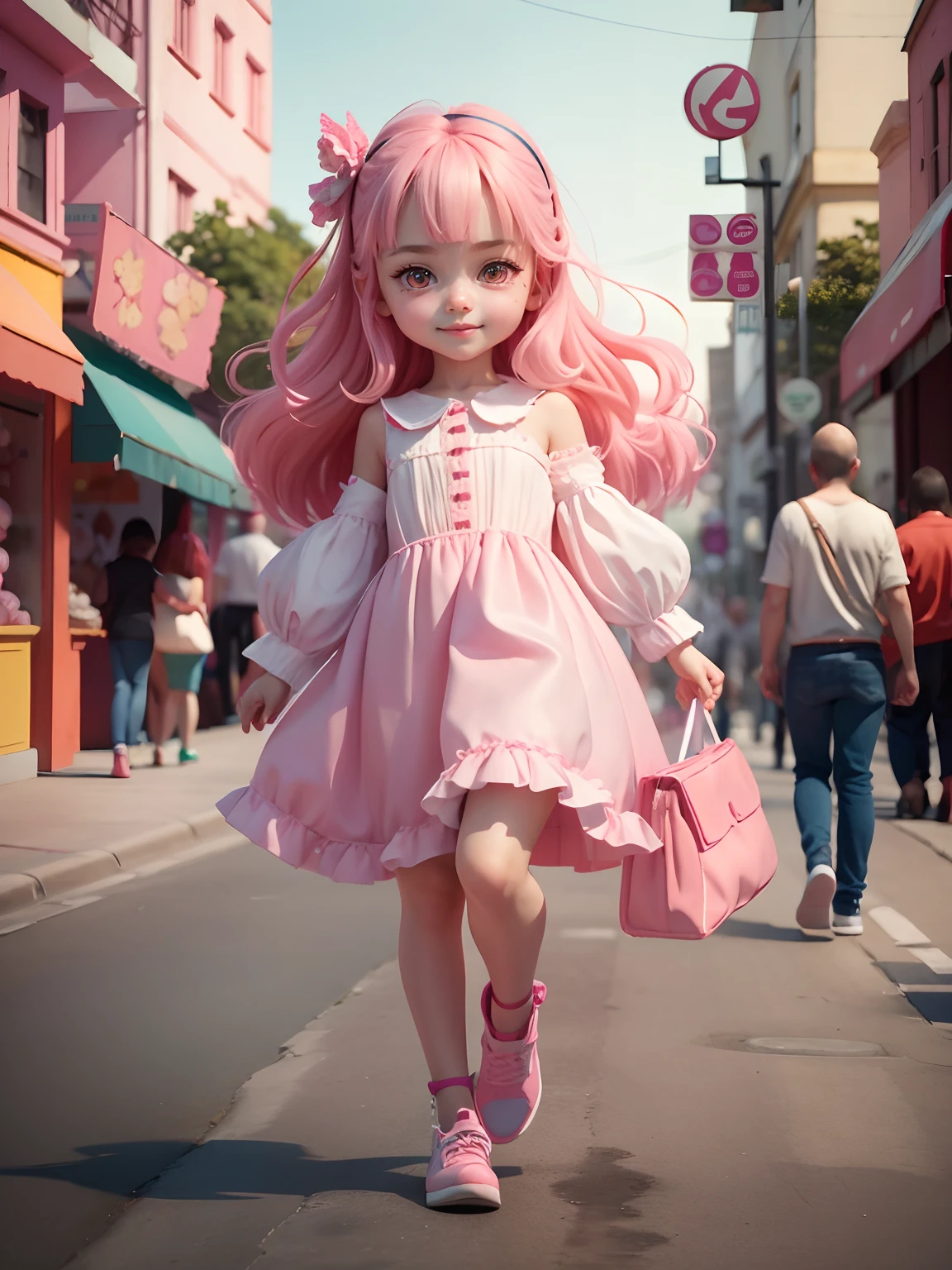 A girl, 3d toy, 3d rendering, fair hair, fair skin, smiling, cute, little child, pale-pink eyes, ( same eye proportion ), pink princess cloths, simple background, best quality, blender, Girl, CHILD BODY, GOOD HAIR STYLE, 3D MODEL, TOYS, VIVID COLORS, STREET STYLE, HIGH RESOLUTION, A LOT OF DETAILS, CANDY COLORS, BIG SHOES, FASHION TRENDS, ART, CUTE ART