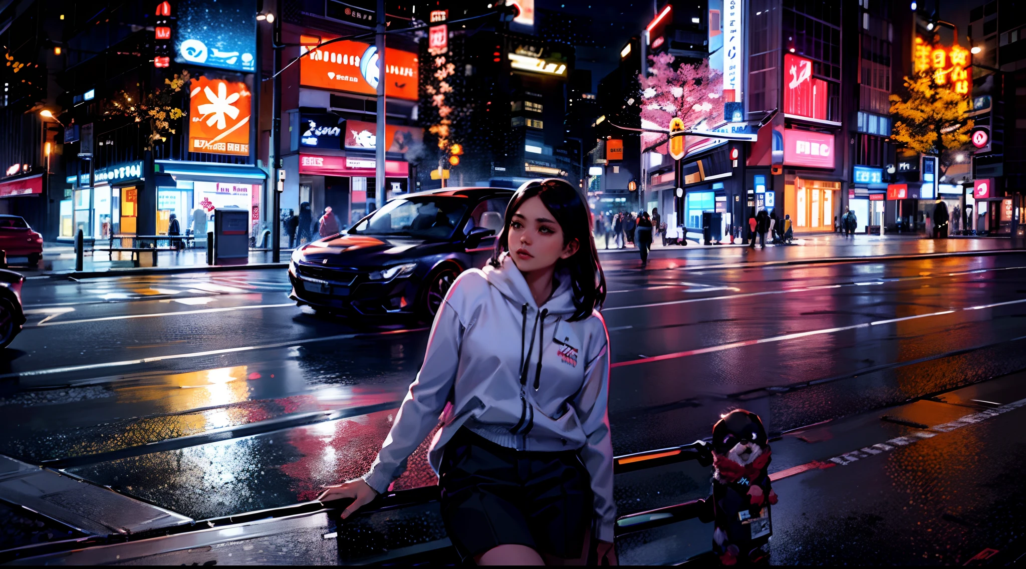 seductive woman in white jacket standing on a bench in a city at night, a sports car behind her in a Tokyo street, sitting in Tokyo, in Tokio, in the streets of Tokyo, in Neo Tokyo, in Neotokyo, taken in 2 0 2 0, in city street, at a city street, posing in neo - tokyo futuristic, chiho, in the city, standing in a city center, (cyberpunk)