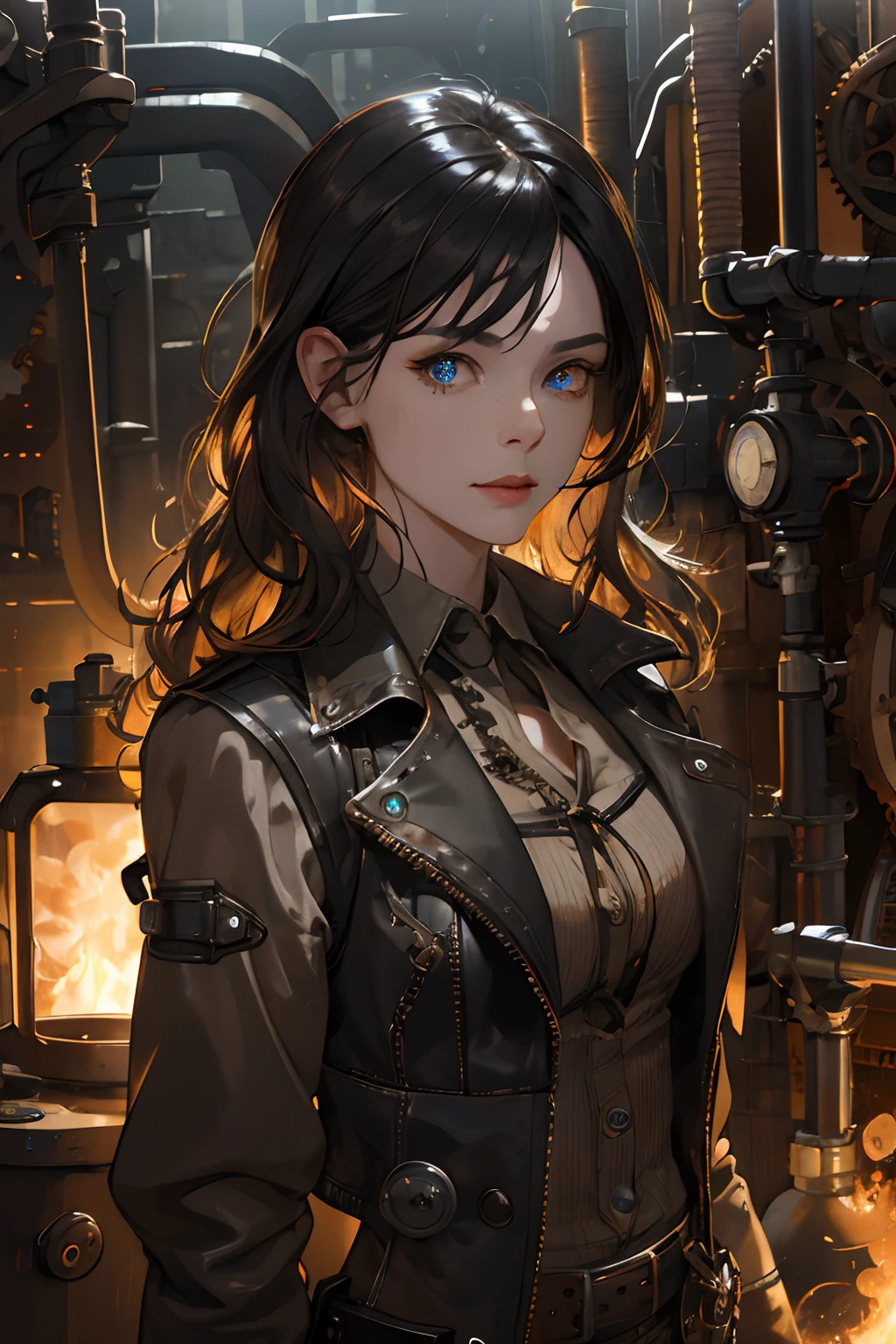 (absurdres, highres, ultra detailed), 1woman, mature female, aged up, wavy long hair, split-color hair, heterochromia, bangs, long sleeves, finely detailed eyes and detailed face, extremely detailed CG unity 8k wallpaper, intricate details, (style-rustmagic:0.8), (medieval cyborg:0.8), portrait, (bloody wounds:0.7), looking at viewer, solo, half shot, detailed background, (steampunk theme:1.1) determined expression, dark couds technomancer, floating lights, color leather vest with gears, techwear, jetpack, workshop in background, machines, gears, steam, industry, technology, furnace, grime, anvil, buttons, levers, automaton, electricity, electric sparks epic atmosphere,, portrait