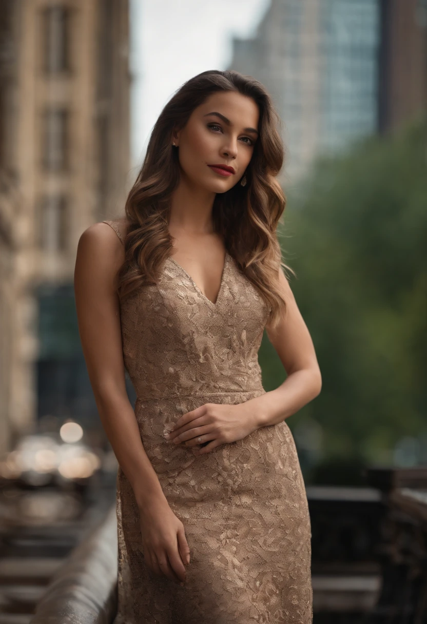 Young woman fully , sexy girl with brown eyes, ultra realistic, meticulously detailed, brown hair, selfie of a young woman, , natural makeup, sexy dress , looking directly at the camera, face with artgram,large size bust; standing in the streets of New York , back ground is blurry