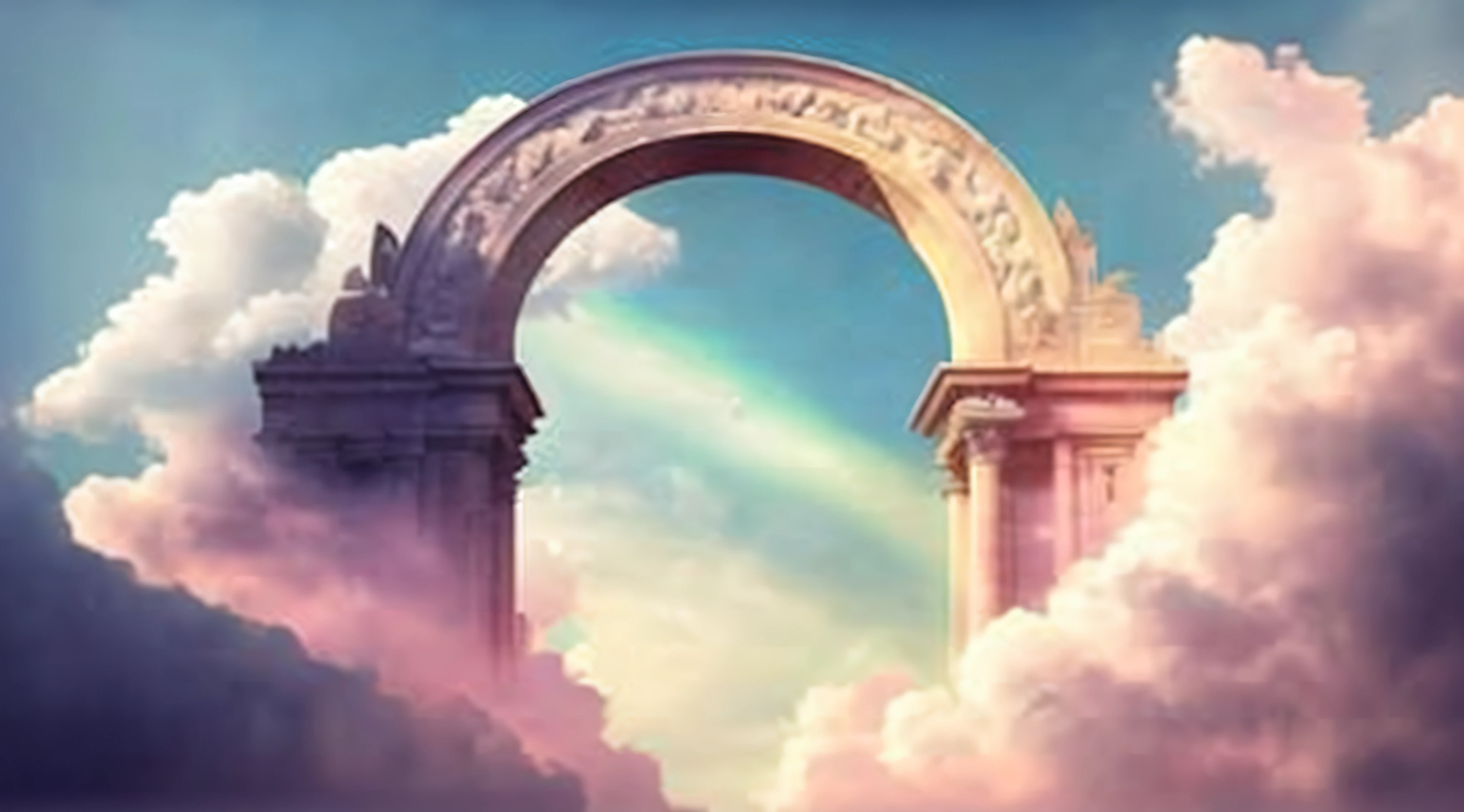 There is an image of an arch in the clouds with a background of the sky, heavens gate, heavens gate, magic portal in the sky, Portal dos Sonhos, the gates of heaven, arco, gates of heaven, major arcana sky, wonderland portal, arcos, gateway to another dimension, arcada, Arcos, portal to the ethereal realm, Portal para outro mundo