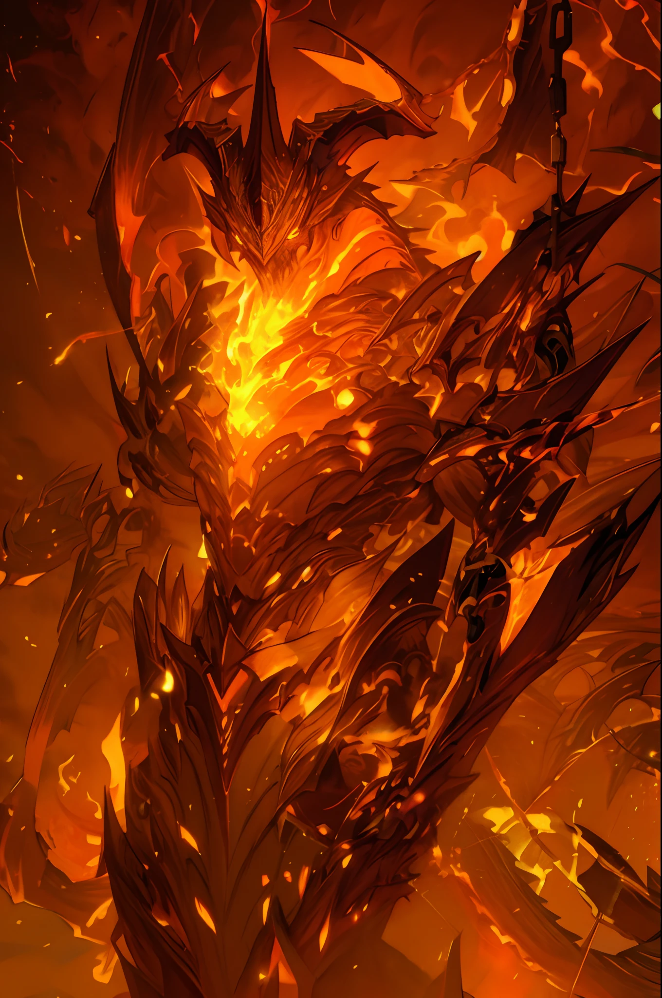 Epic fantasy art style, painted in the style arcane, Anime art wallpaper 4 K, Anime art wallpaper 4k, Epic fantasy digital art style,high render,Hell Demon,molten lava,Orange-red psionic energy and burning blood flow through the body,Burly humanoid body,Spit out orange-red flames from your mouth,Wrapped in a powerful set of armor. The metal plate is decorated with an intricate design,Reminiscent of a flickering flame licked on the surface.(Facial focus) ,Very detailed CG unity 8K wallpaper,hugefilesize,ultra - detailed,A high resolution,absurderes,beautidful eyes,Ray traching,dramatic shadow,finely detailled,Dramatic angles,Hyper-detailing,