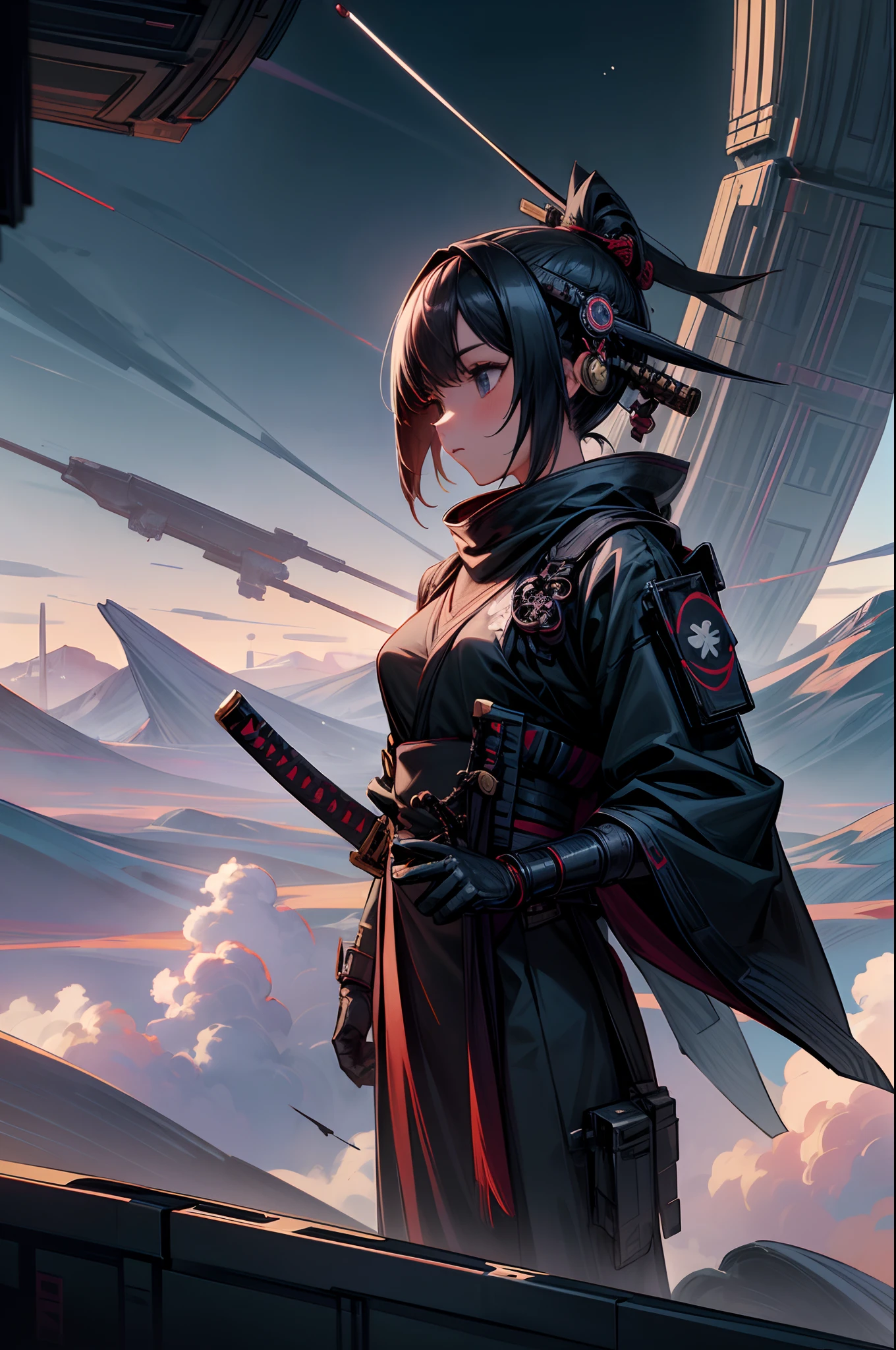 "Girl in sci-fi attire, masterful shinobi, cosmic katana, vast space, planetary wonders, (science fiction dreams), mist-shrouded landscape, captivating and surreal"