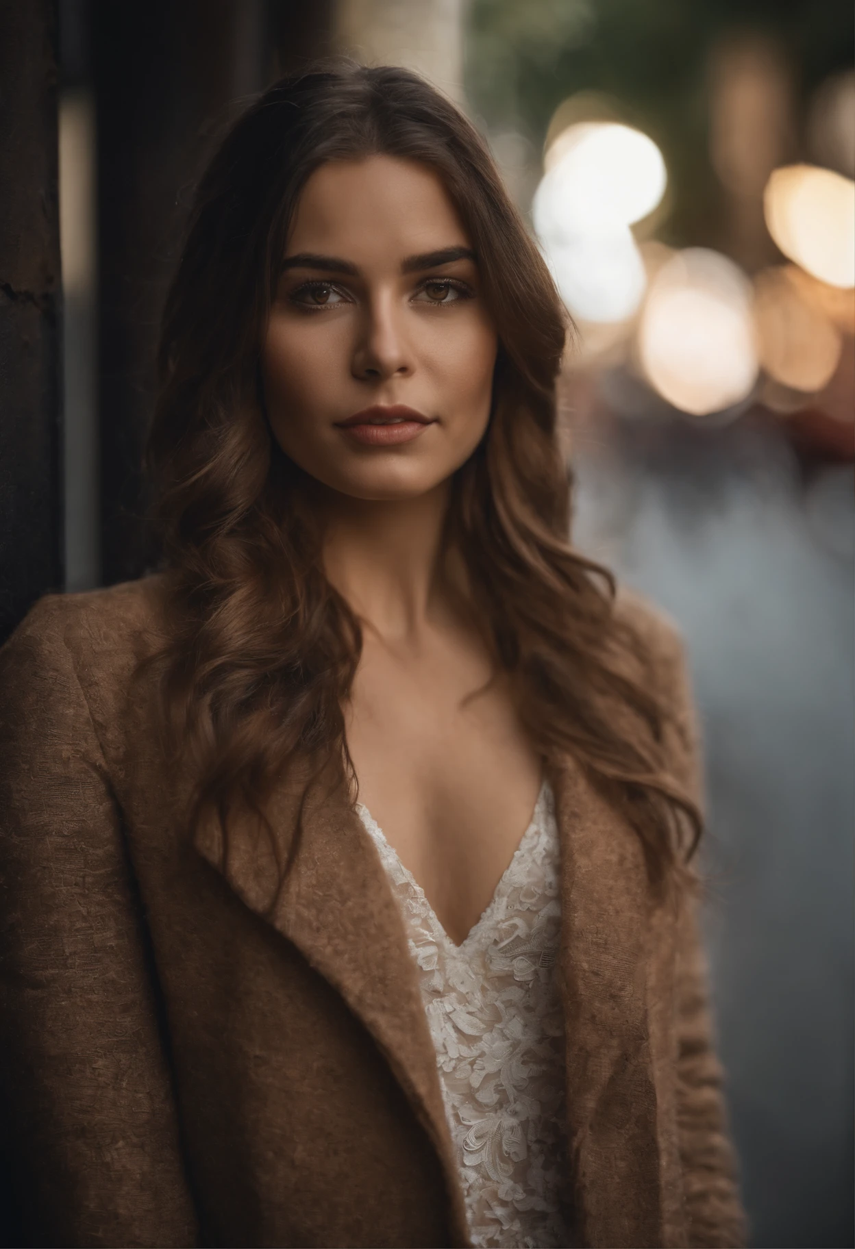 Young woman fully , sexy girl with brown eyes, ultra realistic, meticulously detailed, brown hair, selfie of a young woman, , natural makeup, sexy dress , looking directly at the camera, face with artgram,large size bust; standing in the streets of New York , back ground is blurry