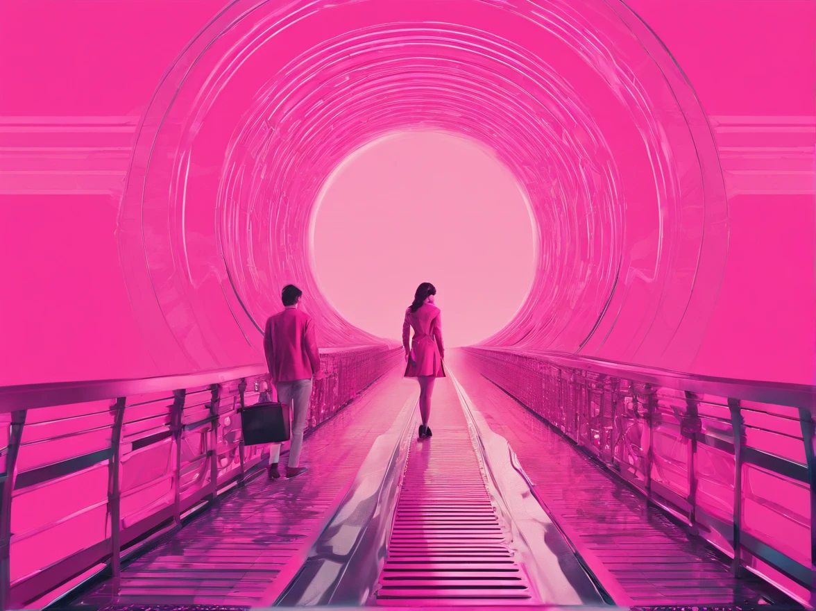 beautiful girl walking on old metal bridge old photo, with pink shirt, 2 seated men on the railing