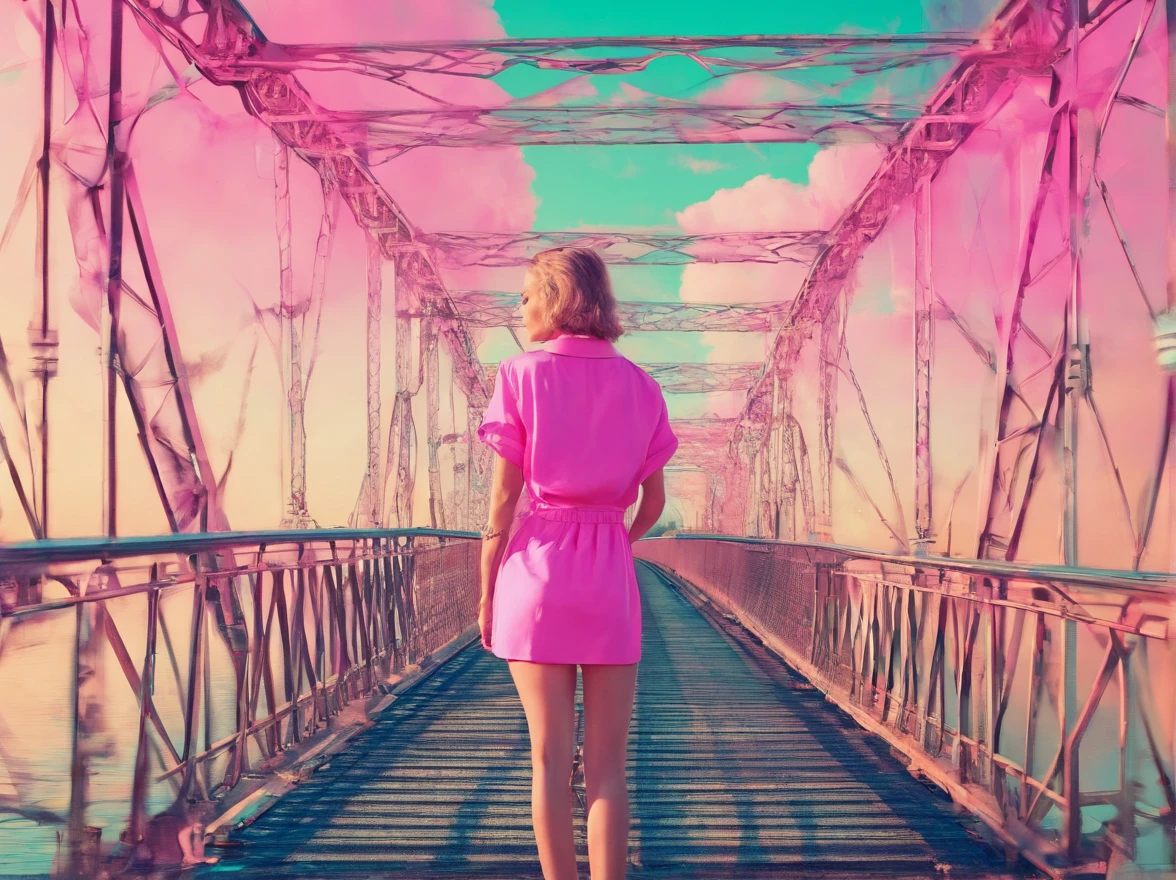 beautiful girl walking on old metal bridge old photo, with pink shirt, 2 seated men on the railing