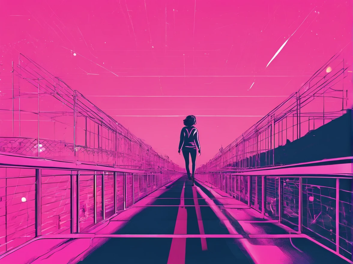 beautiful girl walking on old metal bridge old photo, with pink shirt, 2 seated men on the railing