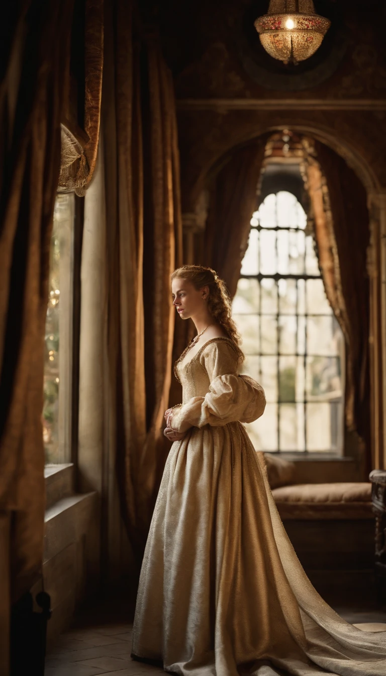 Image of a Valois boy, Sixteenth-century courtesan, with its beauty and charm, who conquered King Henry II of France. Create an image, conveying the atmosphere of the European court of the time and the relationship between Isabelle and the king. She is dressed in a dress with a plunging neckline.