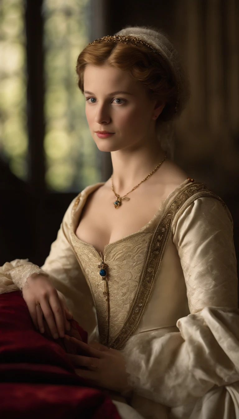 Image of a Valois boy, Sixteenth-century courtesan, with its beauty and charm, who conquered King Henry II of France. Create an image, conveying the atmosphere of the European court of the time and the relationship between Isabelle and the king. She is dressed in a dress with a plunging neckline.