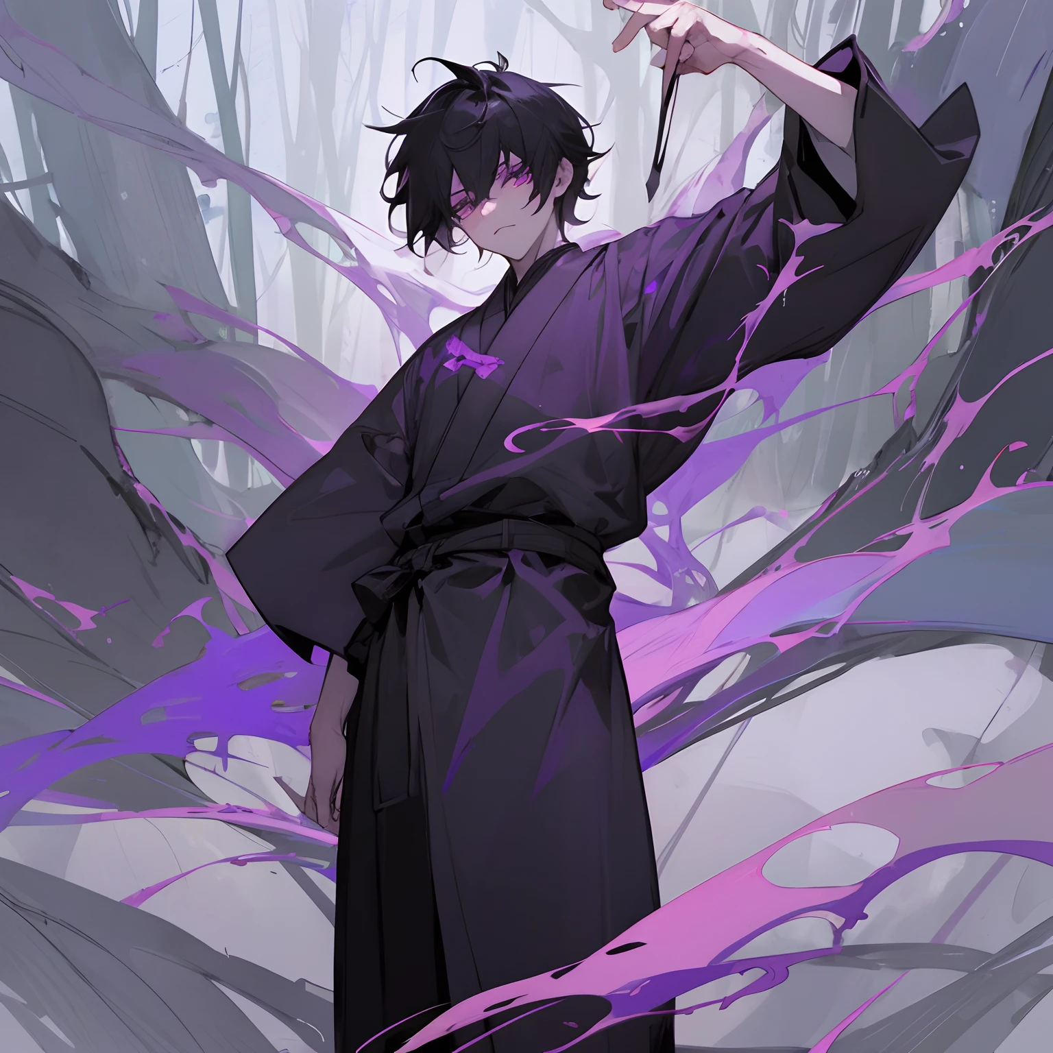1male , black hair , purple eyes , messy hair , pale skin , white and black haori slightly short sleeves and long sleeves underneath , standing in forest background , facing viewer, somber expression , ninja clothing , purple wrapped belt , lean build