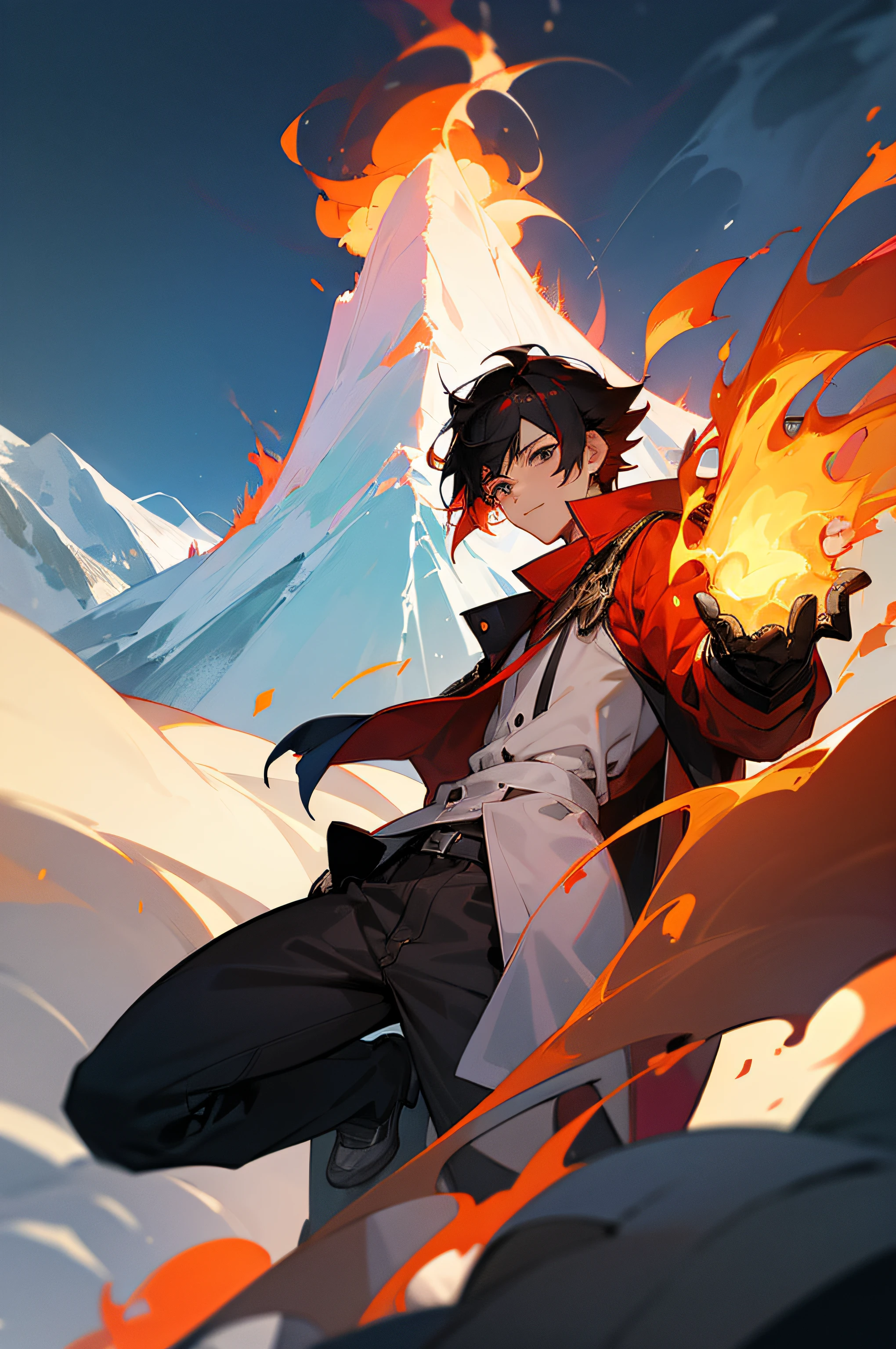 1male , Teen, Black hair, red hair, white gloves, casual clothes , snapping, fire, mountain