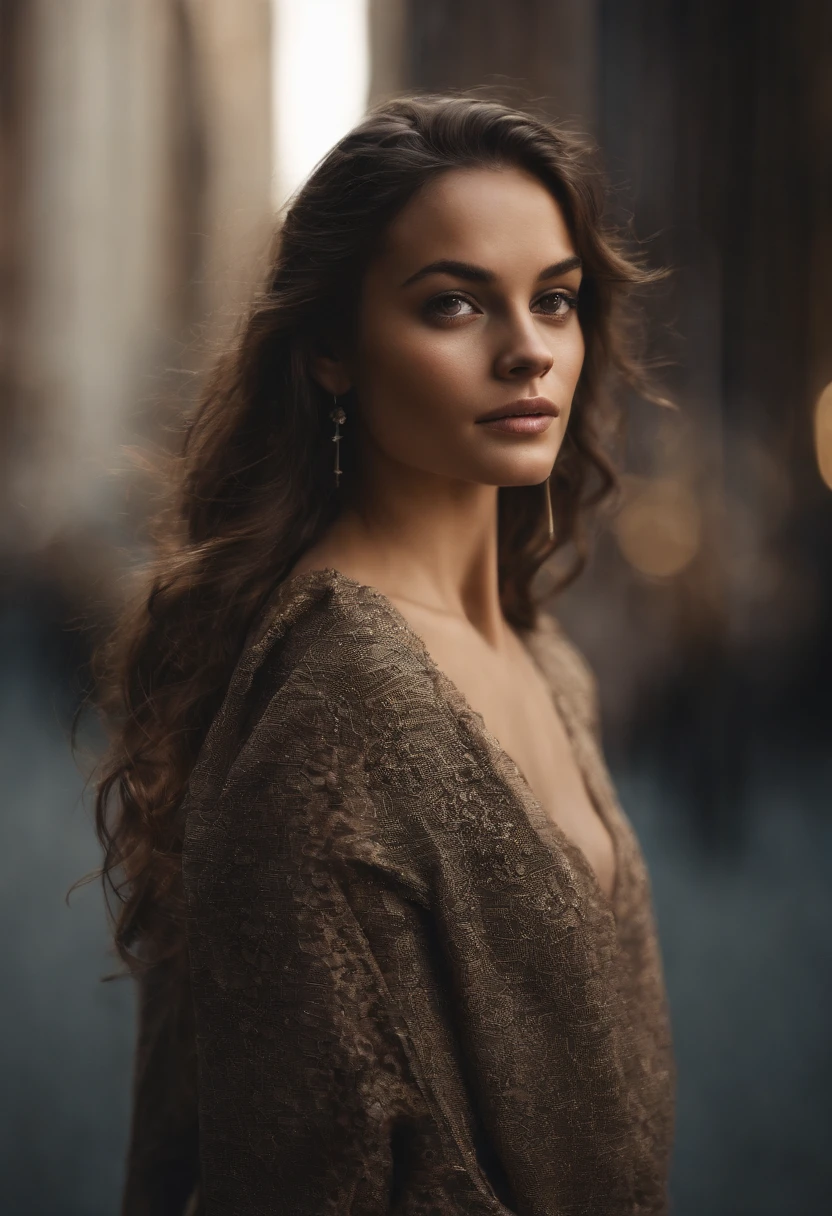 Young woman fully , sexy girl with brown eyes, ultra realistic, meticulously detailed, long flowy brown hair, natural makeup, sexy dress , face with artgram,large size bust; standing in the streets of New York , back ground is blurry