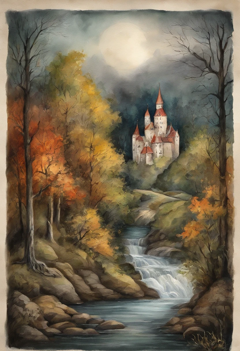 in frame, the night, lock "Bran" On the hill, Ao fundo. Dense forest on the sides. There are 4 characters in the foreground: Classic Dracula in Dracula costume, Victor Frankenstein from the movie, Frankenstein's monster from the movie, Young Baba Yaga (From Russian fairy tales) and a vampire girl with two clacks in her mouth.