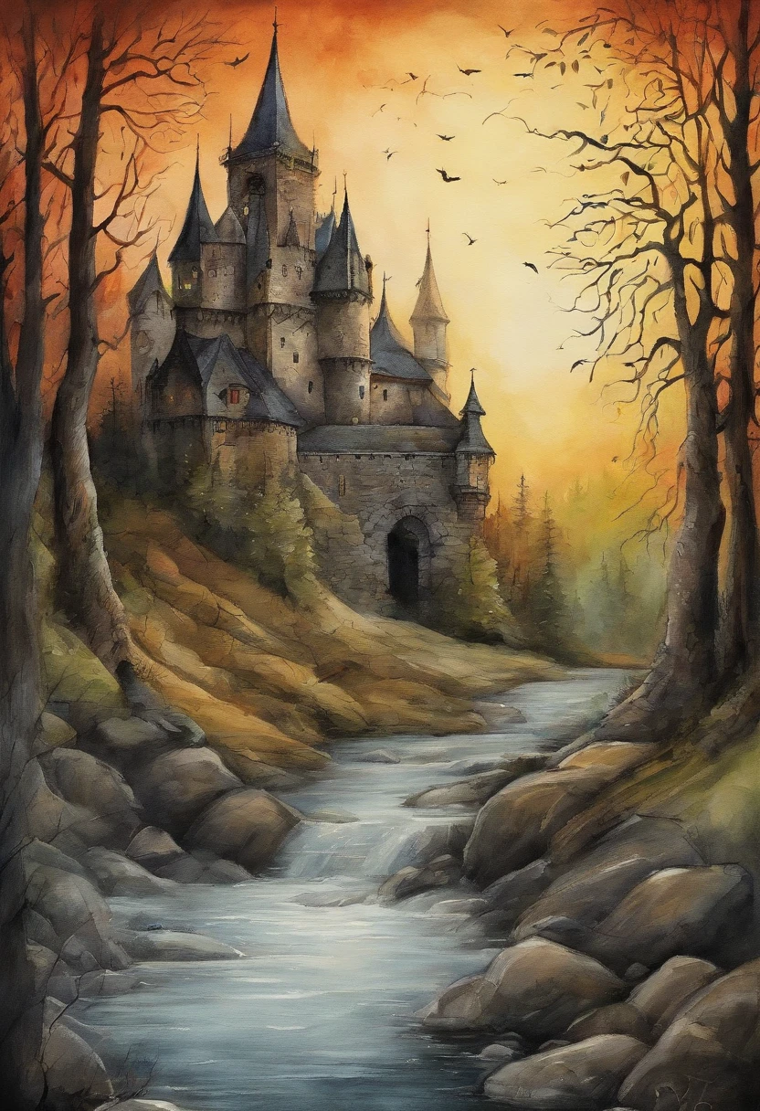 in frame, the night, lock "Bran" On the hill, Ao fundo. Dense forest on the sides. There are 4 characters in the foreground: Classic Dracula in Dracula costume, Victor Frankenstein from the movie, Frankenstein's monster from the movie, Young Baba Yaga (From Russian fairy tales) and a vampire girl with two clacks in her mouth.