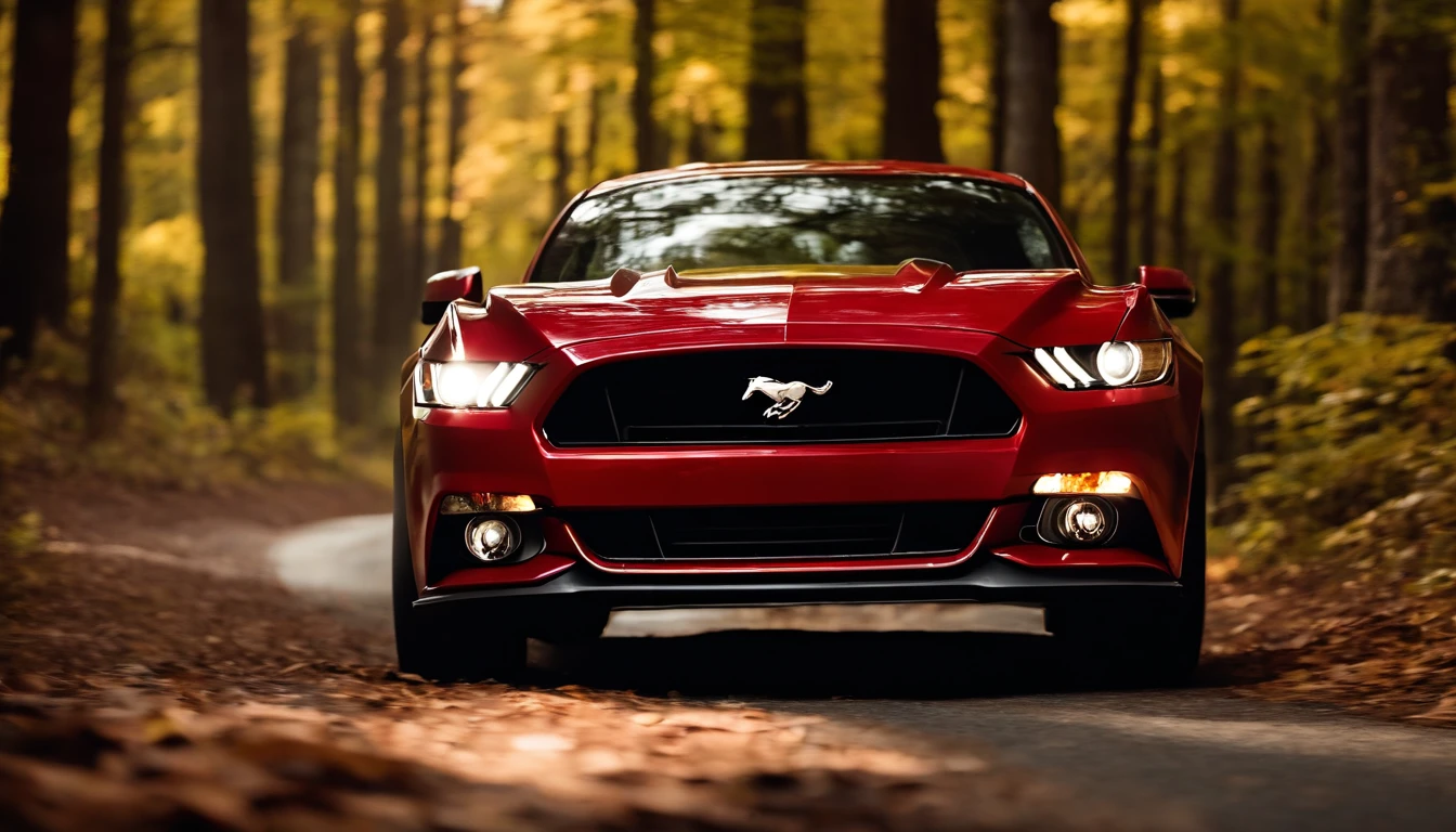 Ruby red 2015 Mustang Coupe racing down a forest road, season is fall, realistic