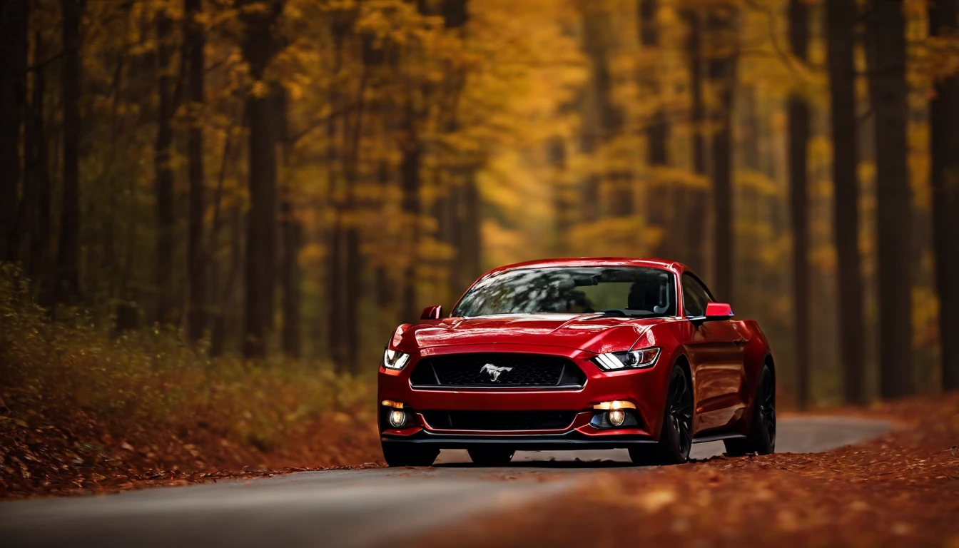 Ruby red 2015 Mustang Coupe racing down a forest road, season is fall, realistic